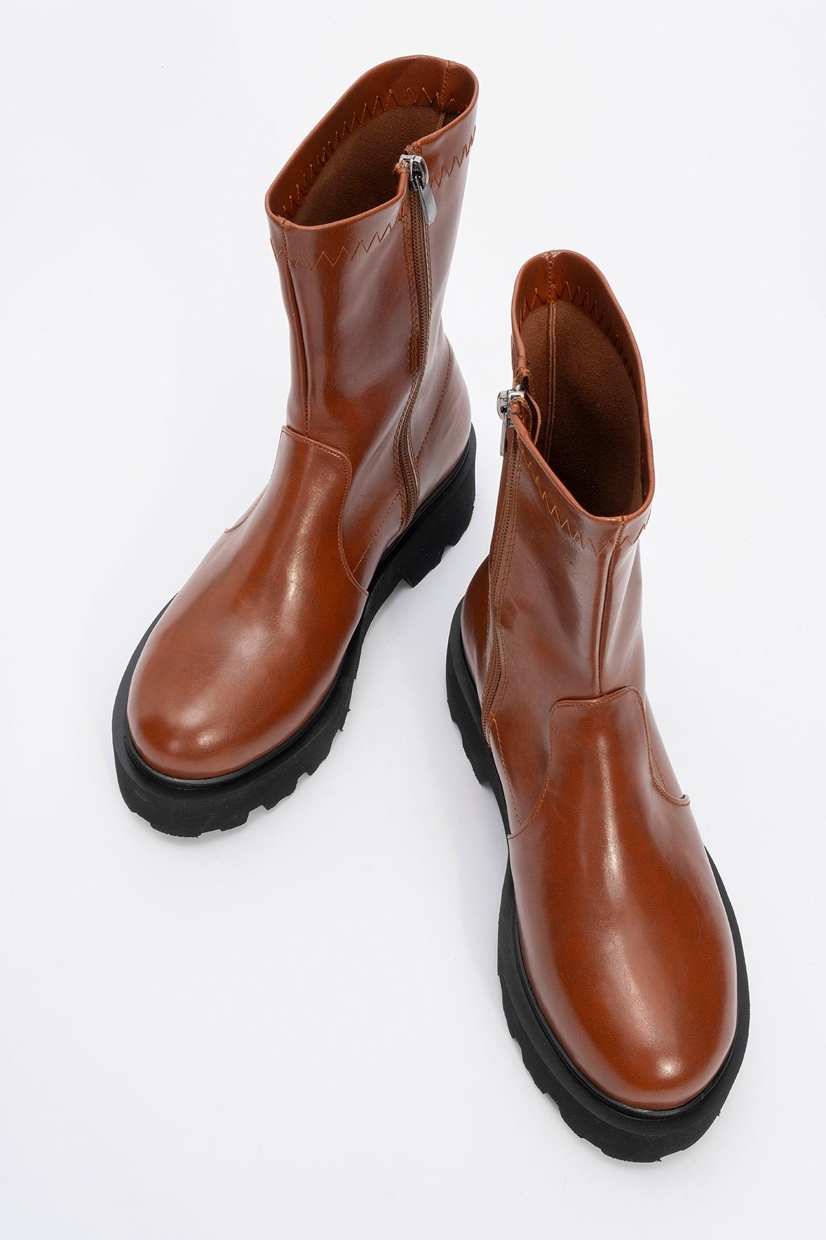 Rush Cognac Bootie – side view showing leather, Vowalisse