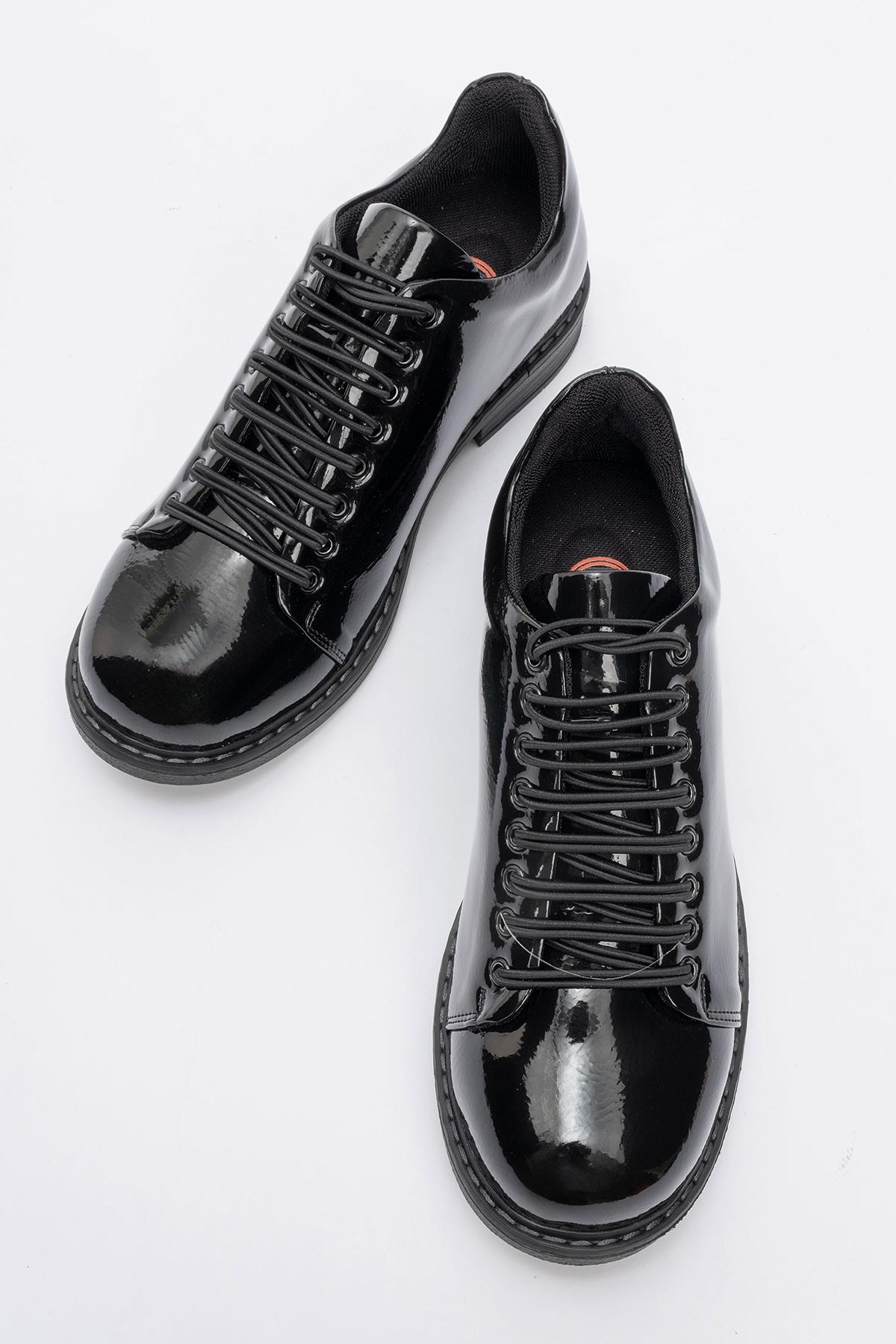 Festy - Black Patent Elastic Lace-Up Casual Shoe – side view showing lace, leather, black, Vowalisse