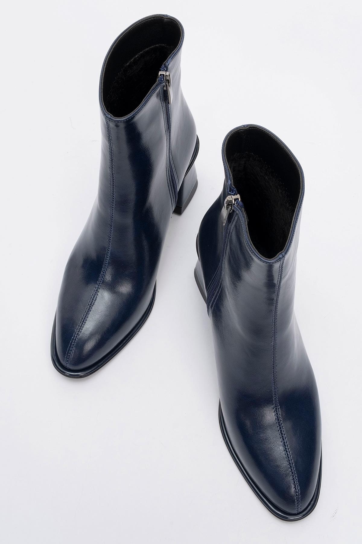 Alba - Navy Block Heel Boot – side view showing leather, red, Vowalisse