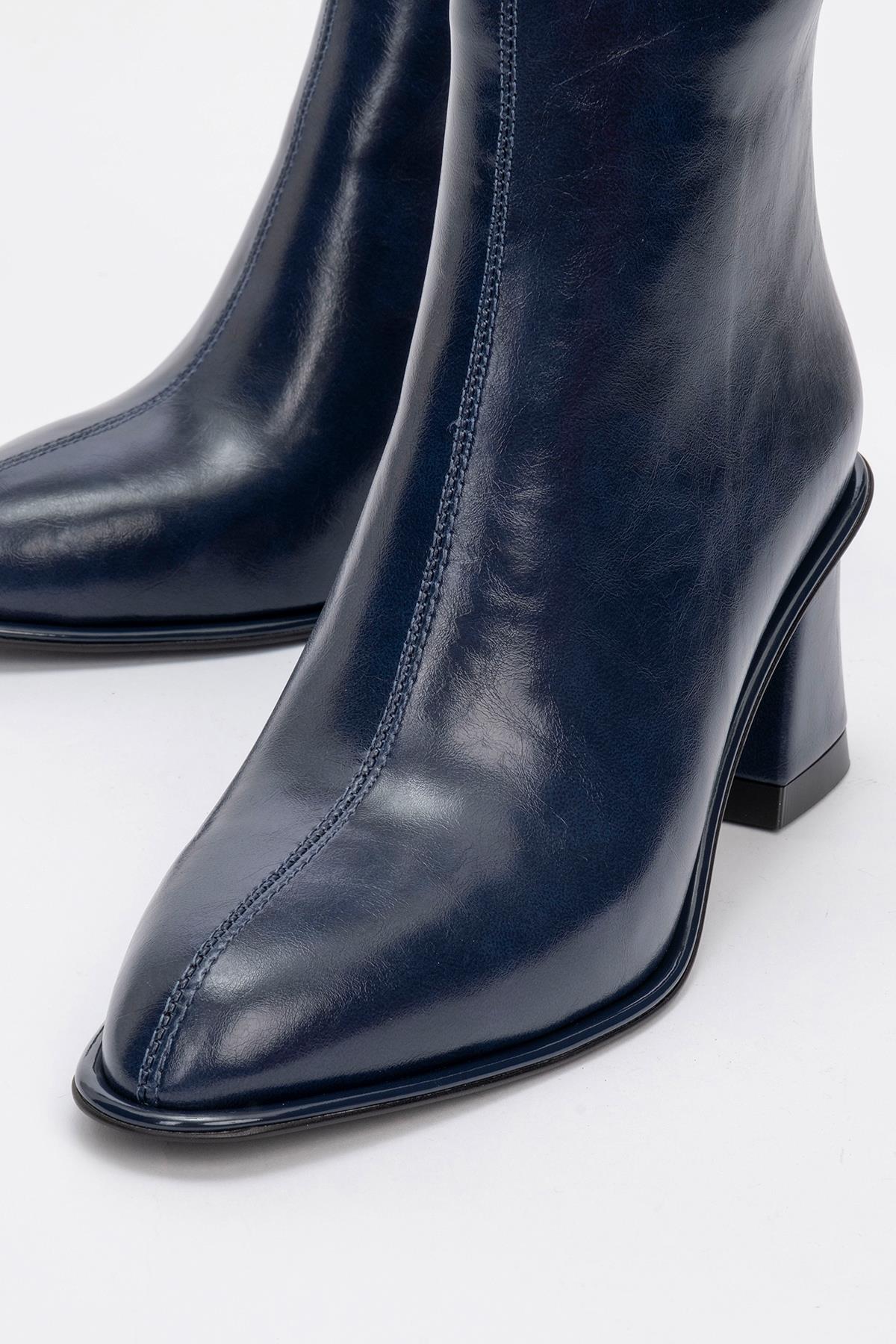 Alba - Navy Block Heel Boot – detail view showing leather, red, Vowalisse