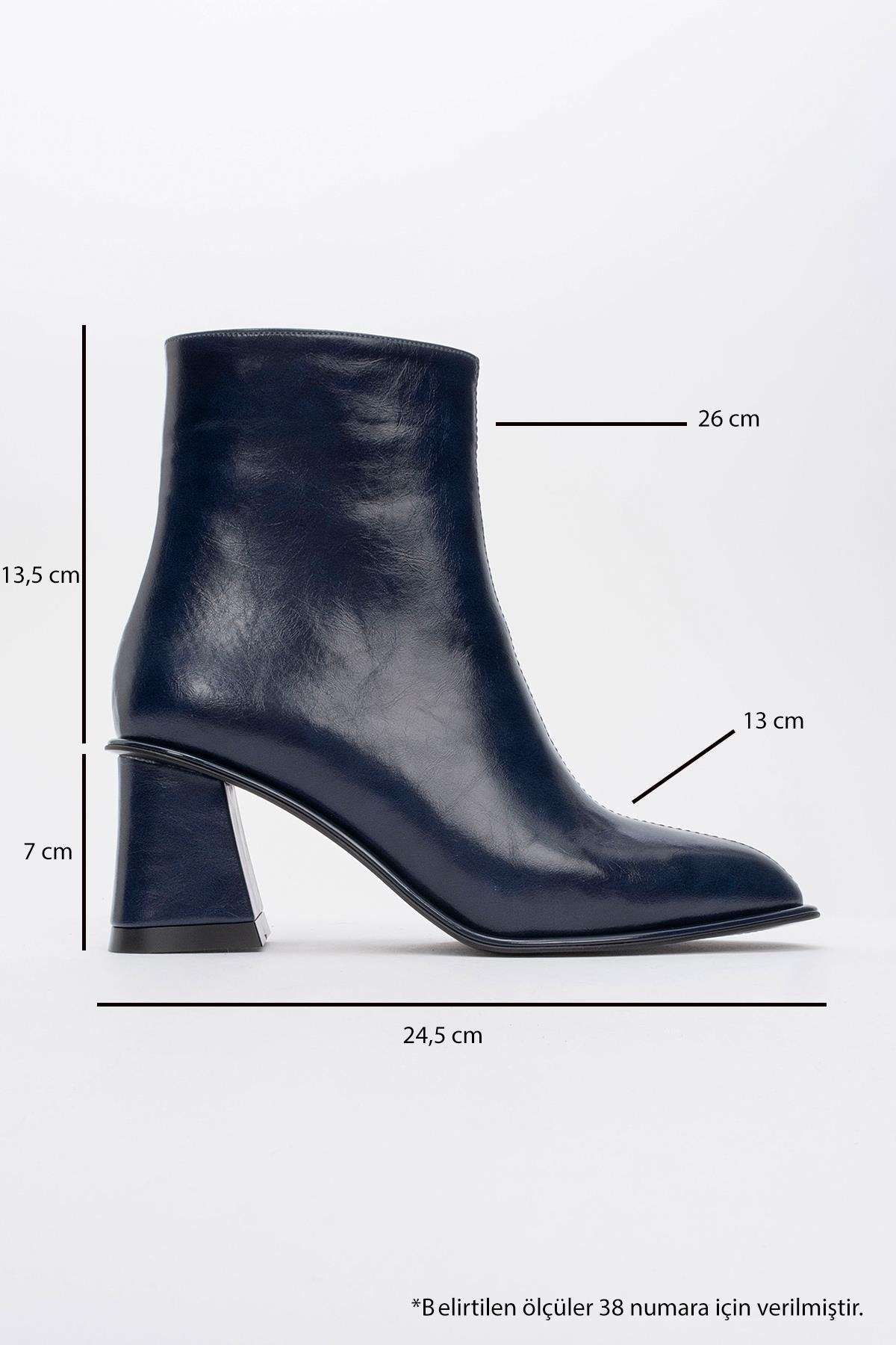 Alba - Navy Block Heel Boot – heel view showing leather, red, Vowalisse