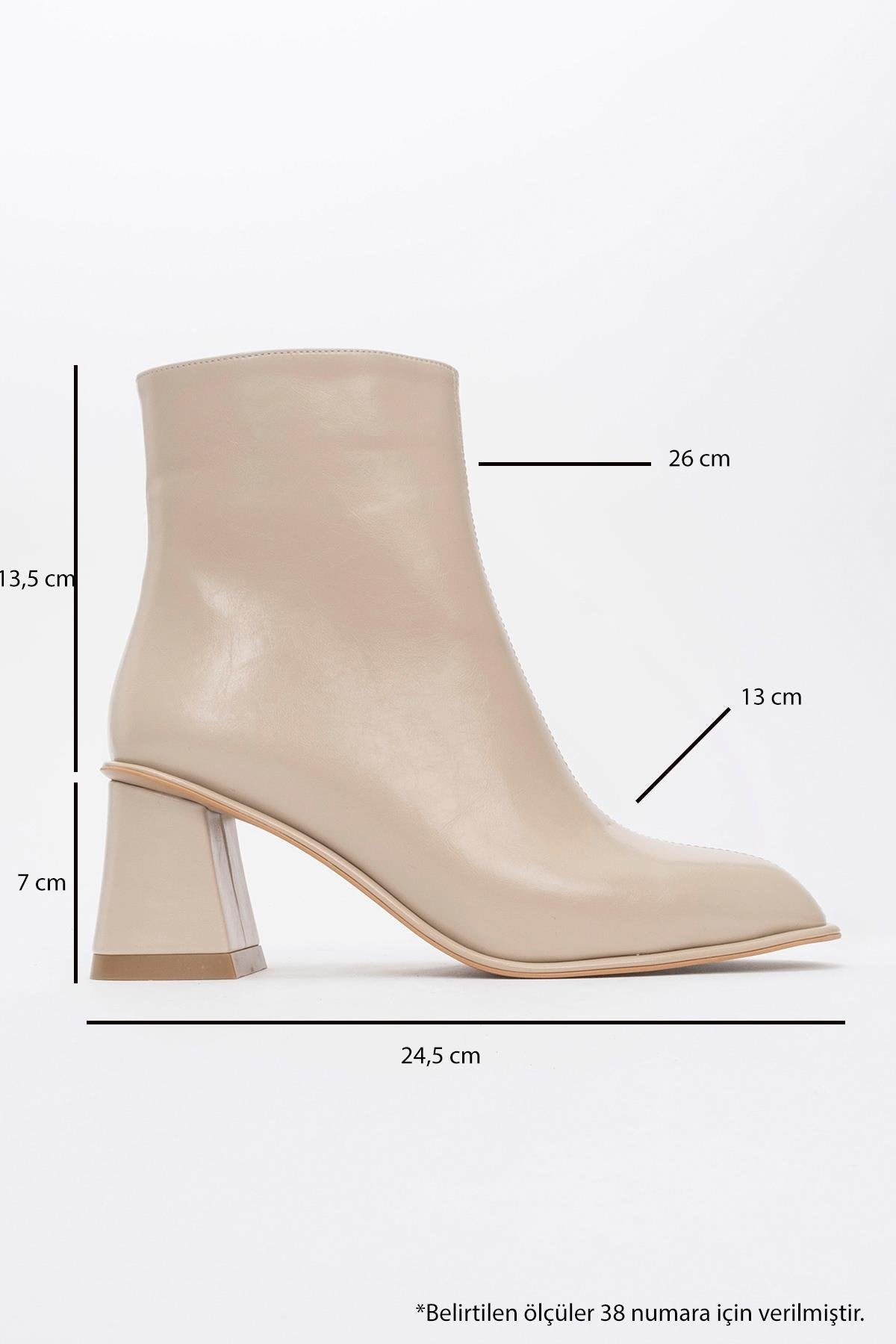 Alba Beige Block Heel Boot – heel view showing leather, Vowalisse