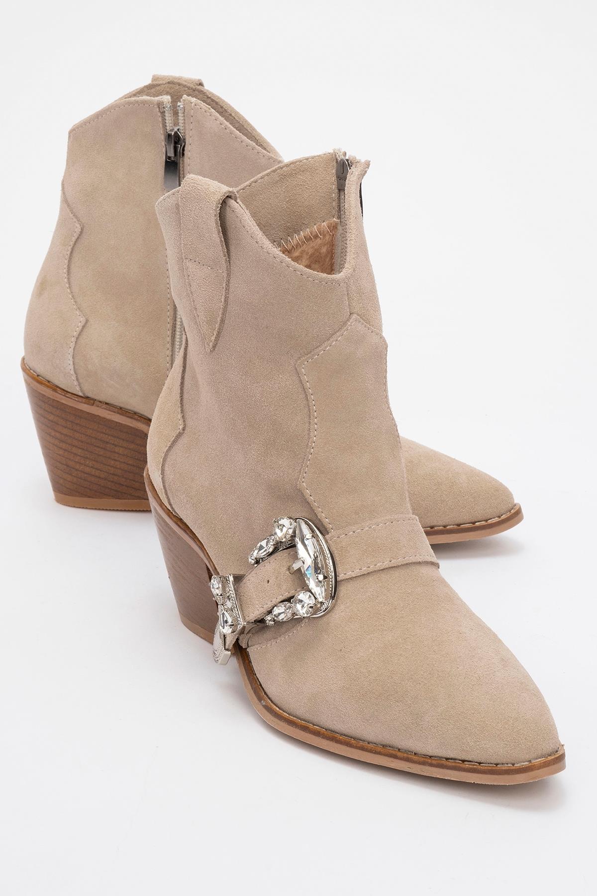 Any Beige Leather Jeweled Boot – front three-quarter view showing leather, Vowalisse