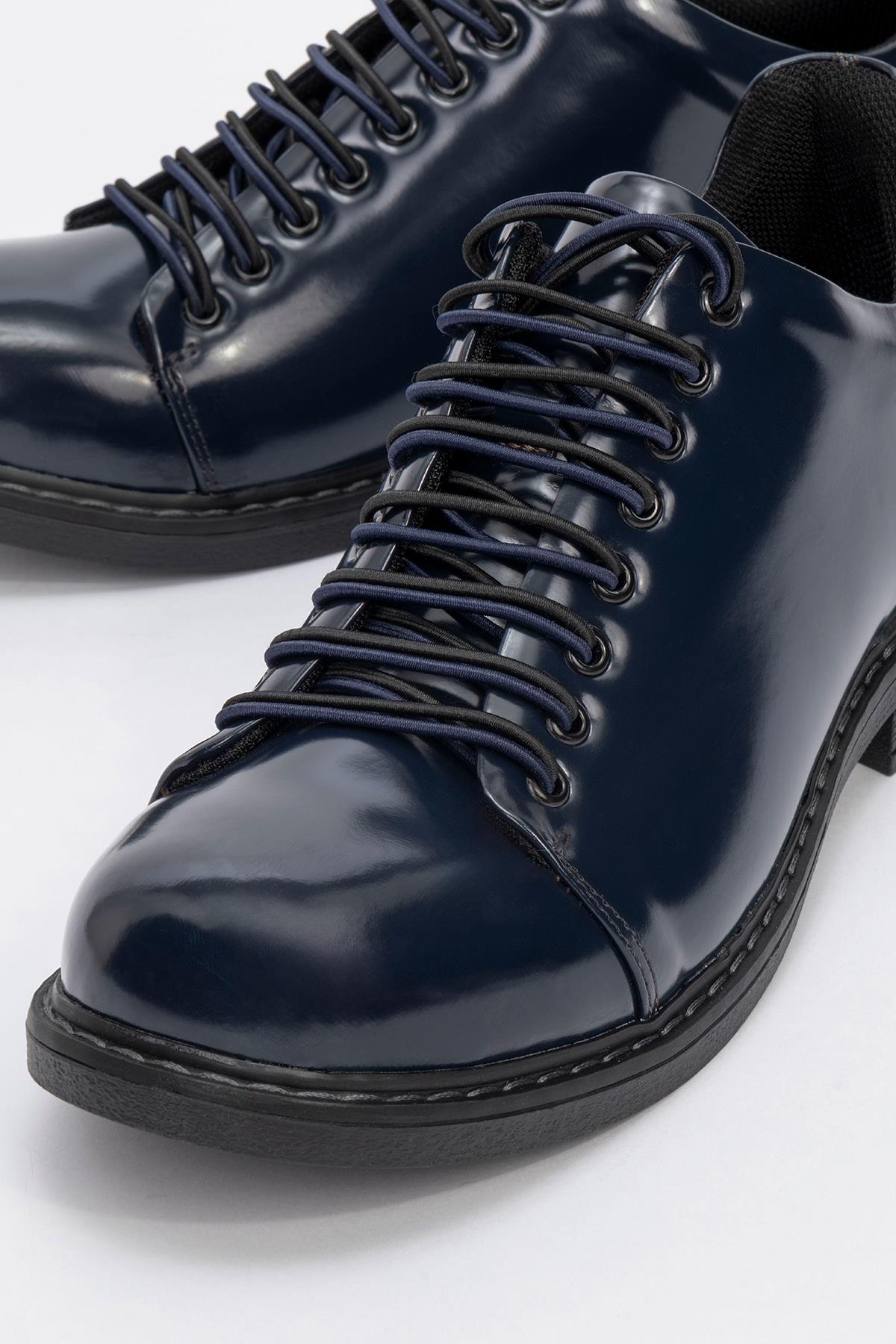 Festy - Navy Patent Elastic Lace-Up Casual Shoe – detail view showing lace, leather, Vowalisse