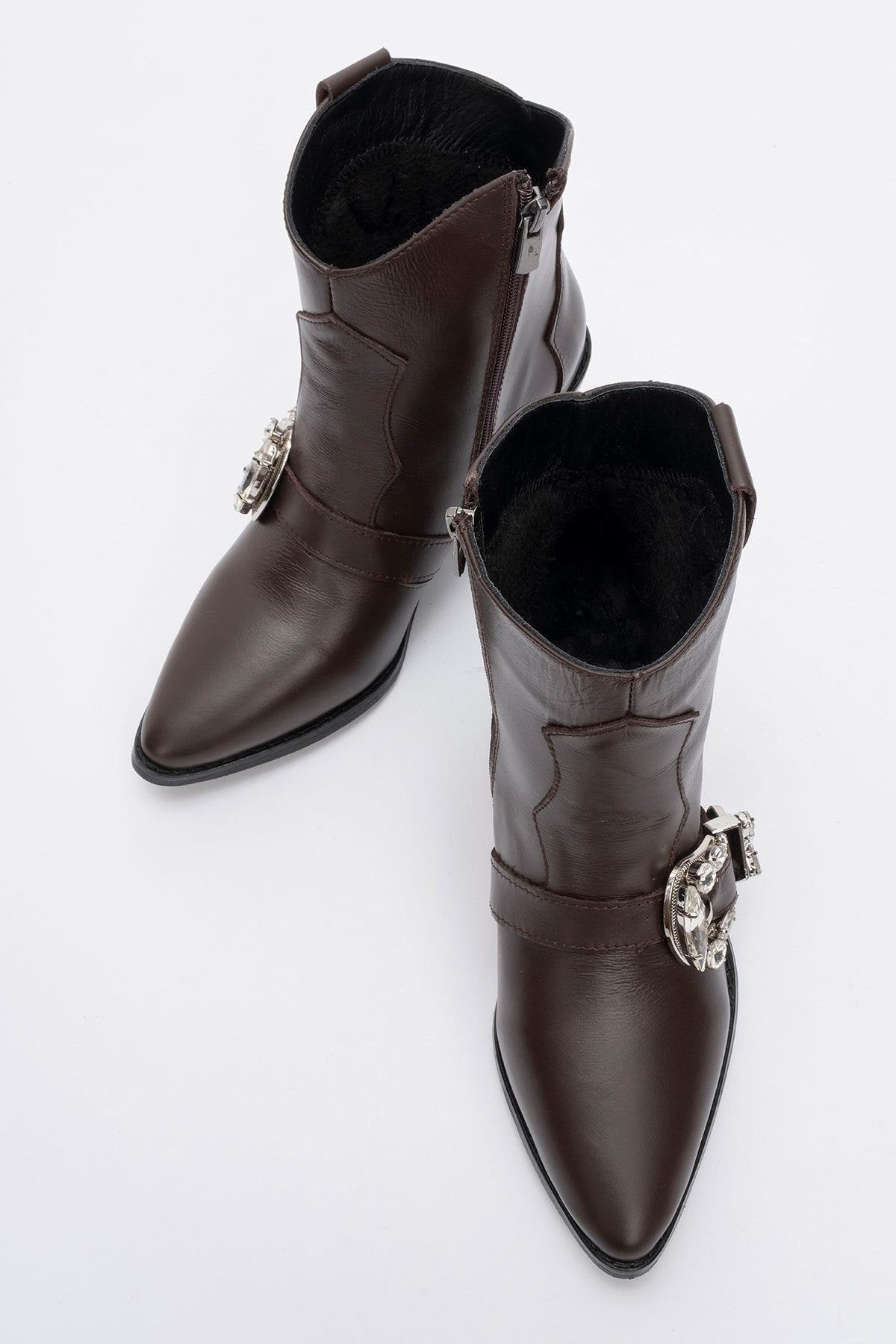 Any Brown Leather Jeweled Boot – side view showing leather, Vowalisse