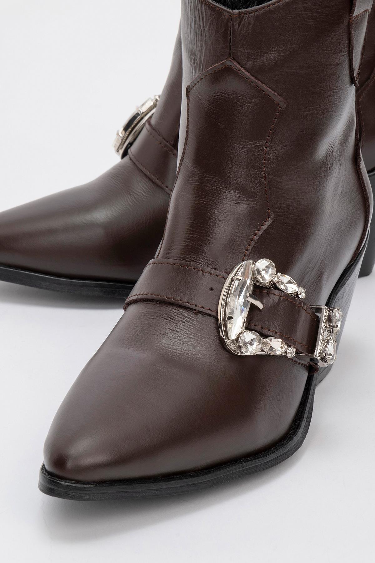 Any Brown Leather Jeweled Boot – detail view showing leather, Vowalisse