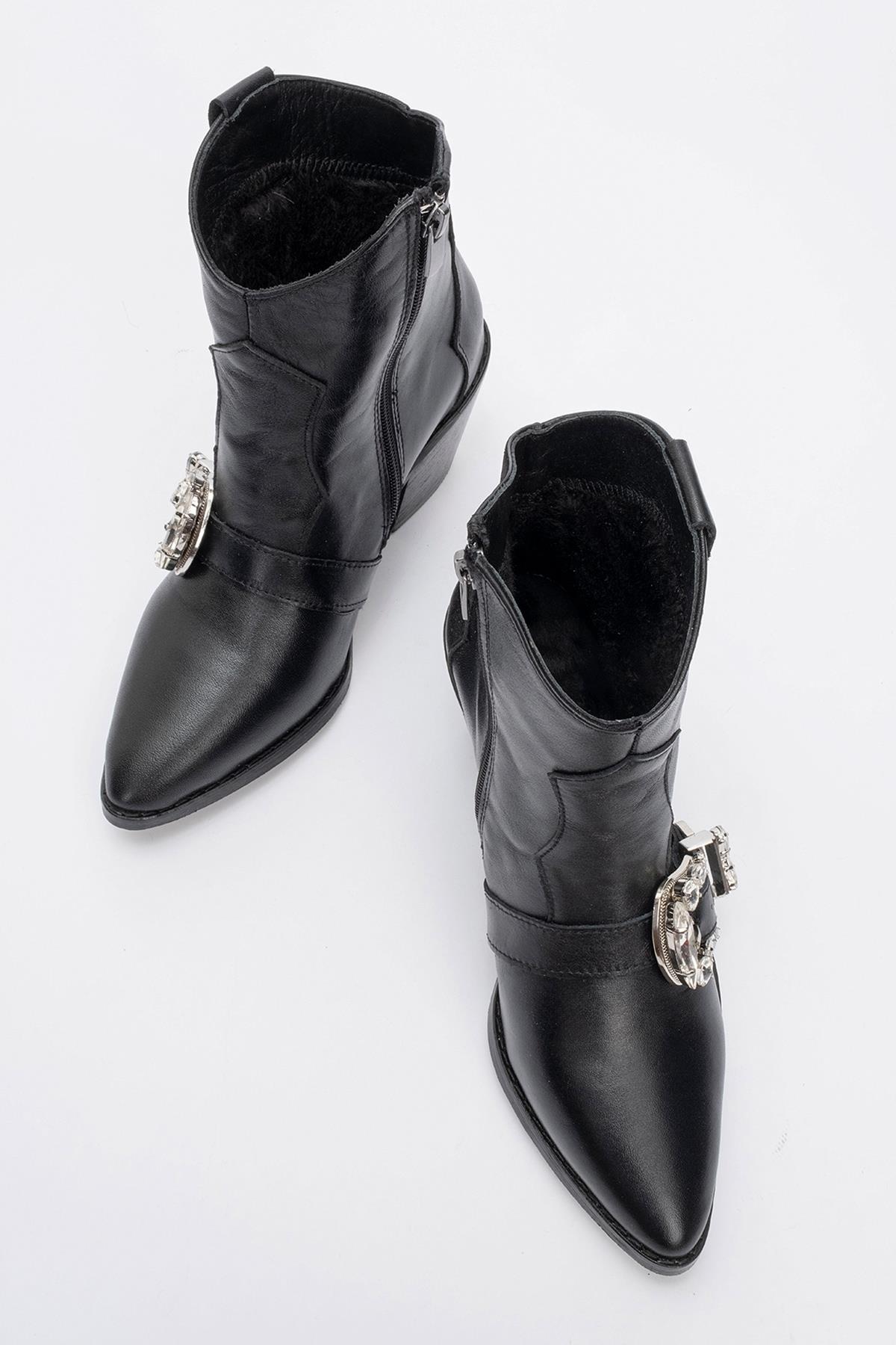 Any Black Leather Jeweled Boot – side view showing leather, black, Vowalisse