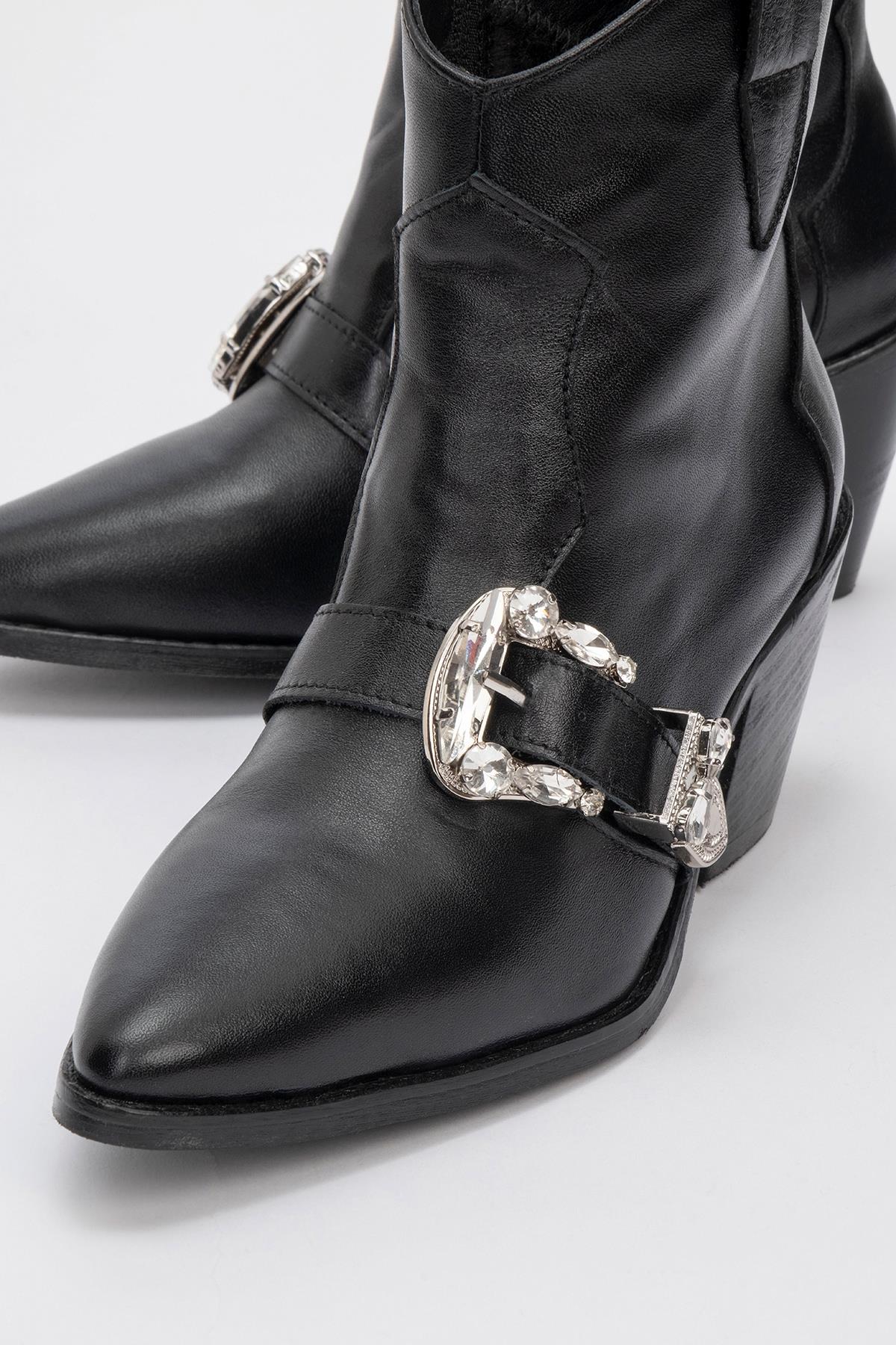 Any Black Leather Jeweled Boot – detail view showing leather, black, Vowalisse