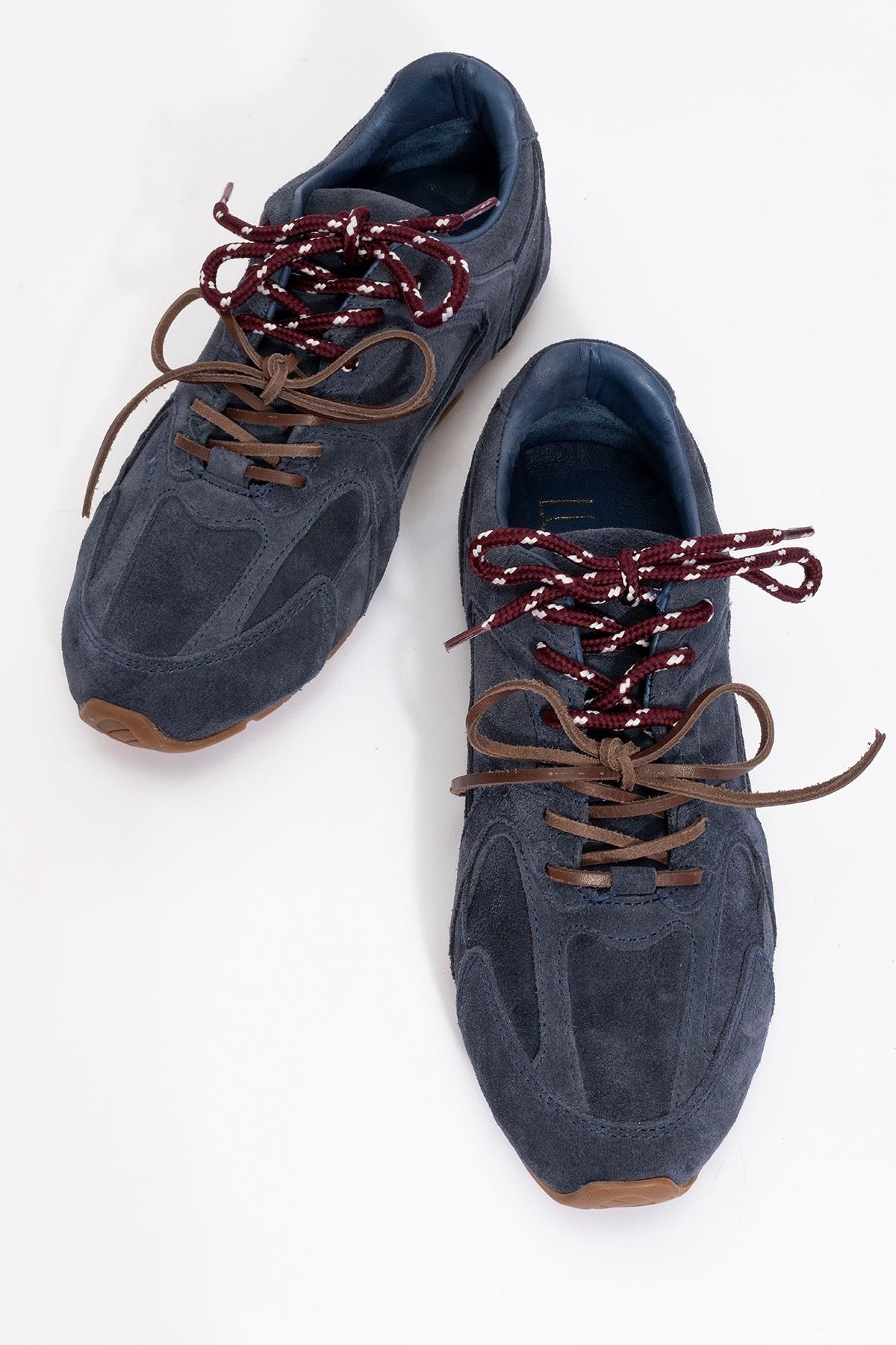 Selena - Navy Blue Suede Leather Sneakers – side view showing leather, suede, blue, Vowalisse
