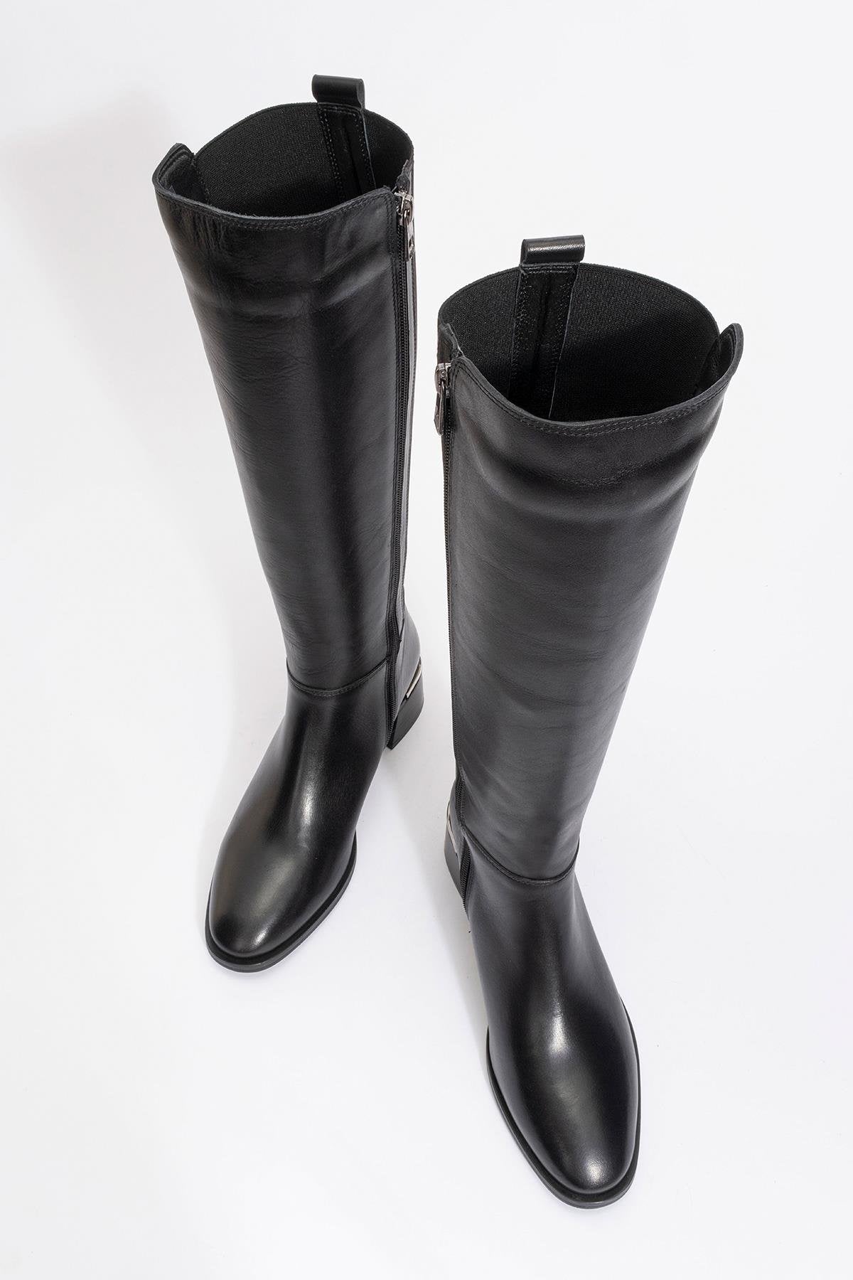 Rochos Black Leather Boot – side view showing leather, black, red, Vowalisse