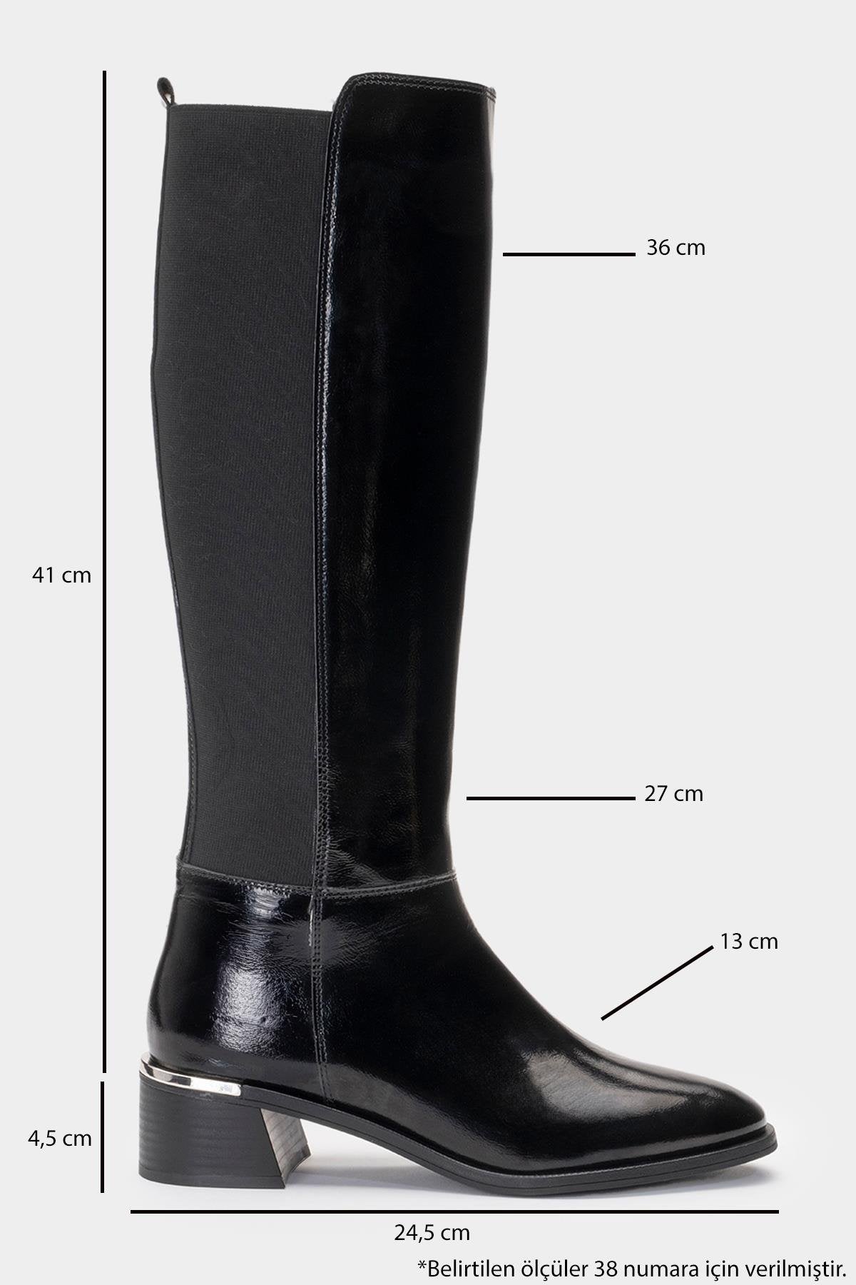 Rochos Black Patent Leather Boot – heel view showing leather, black, red, Vowalisse