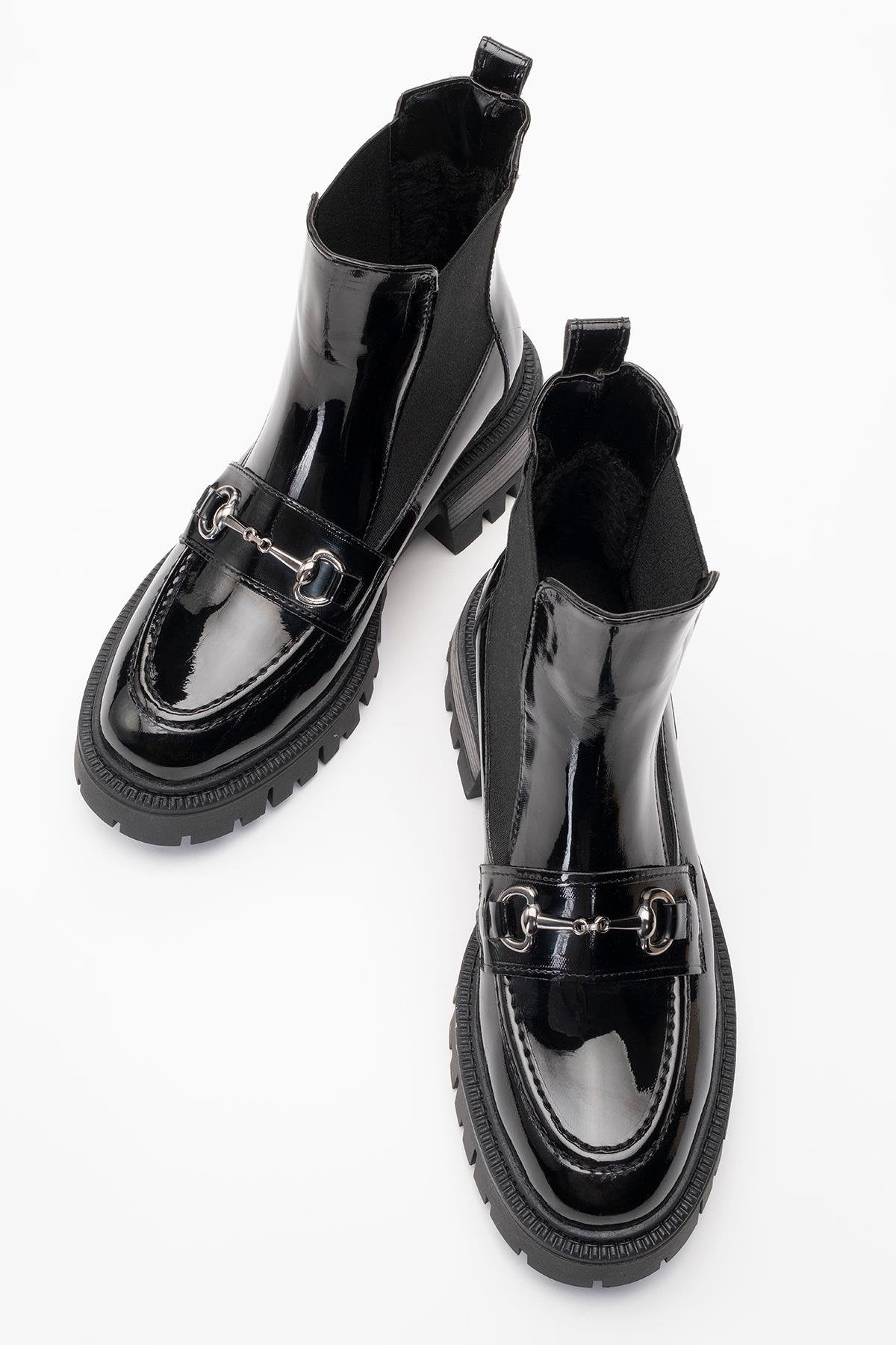 Vesper Black Patent Buckled Chelsea Boot – side view showing leather, black, Vowalisse