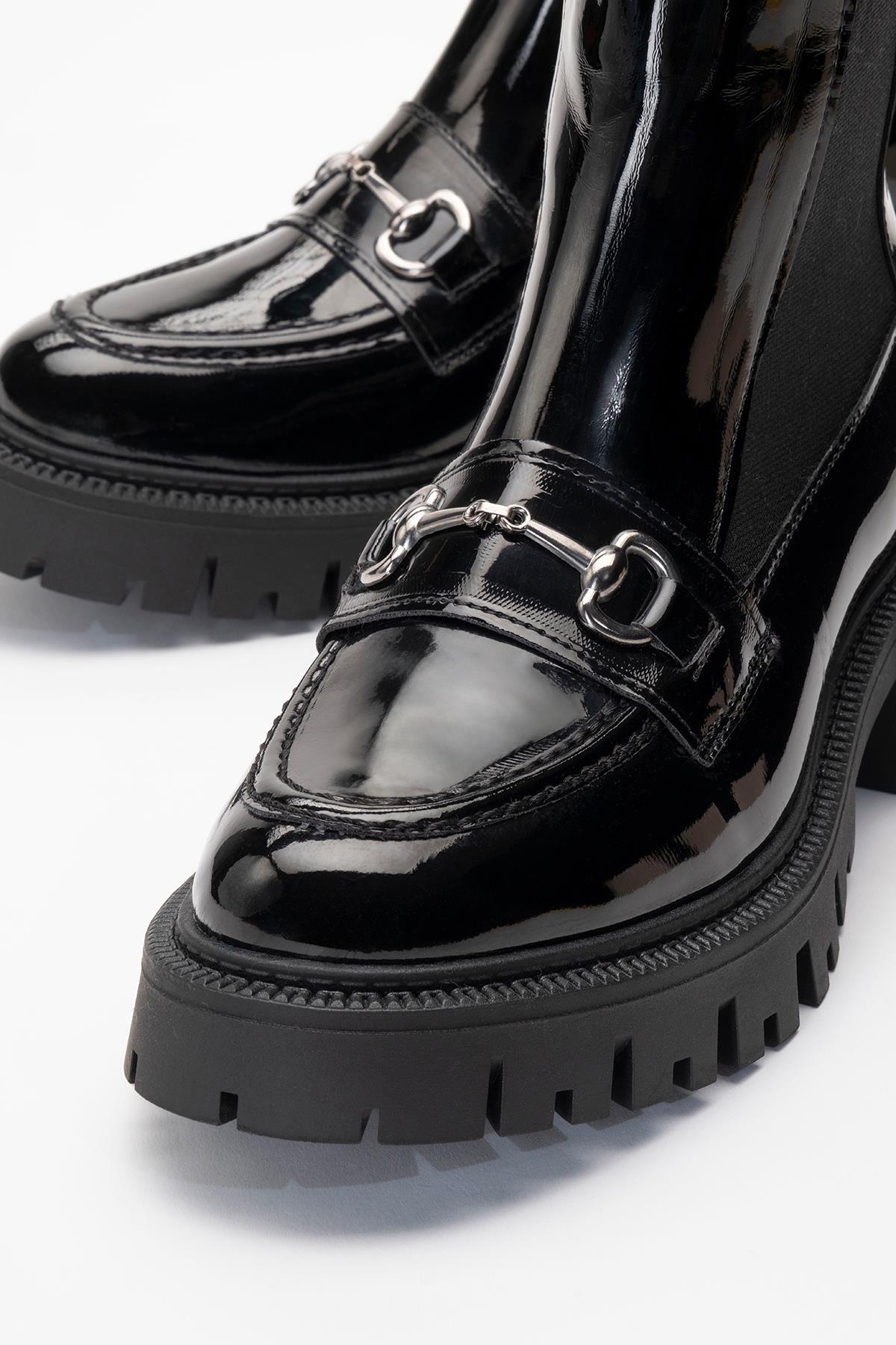 Vesper Black Patent Buckled Chelsea Boot – detail view showing leather, black, Vowalisse