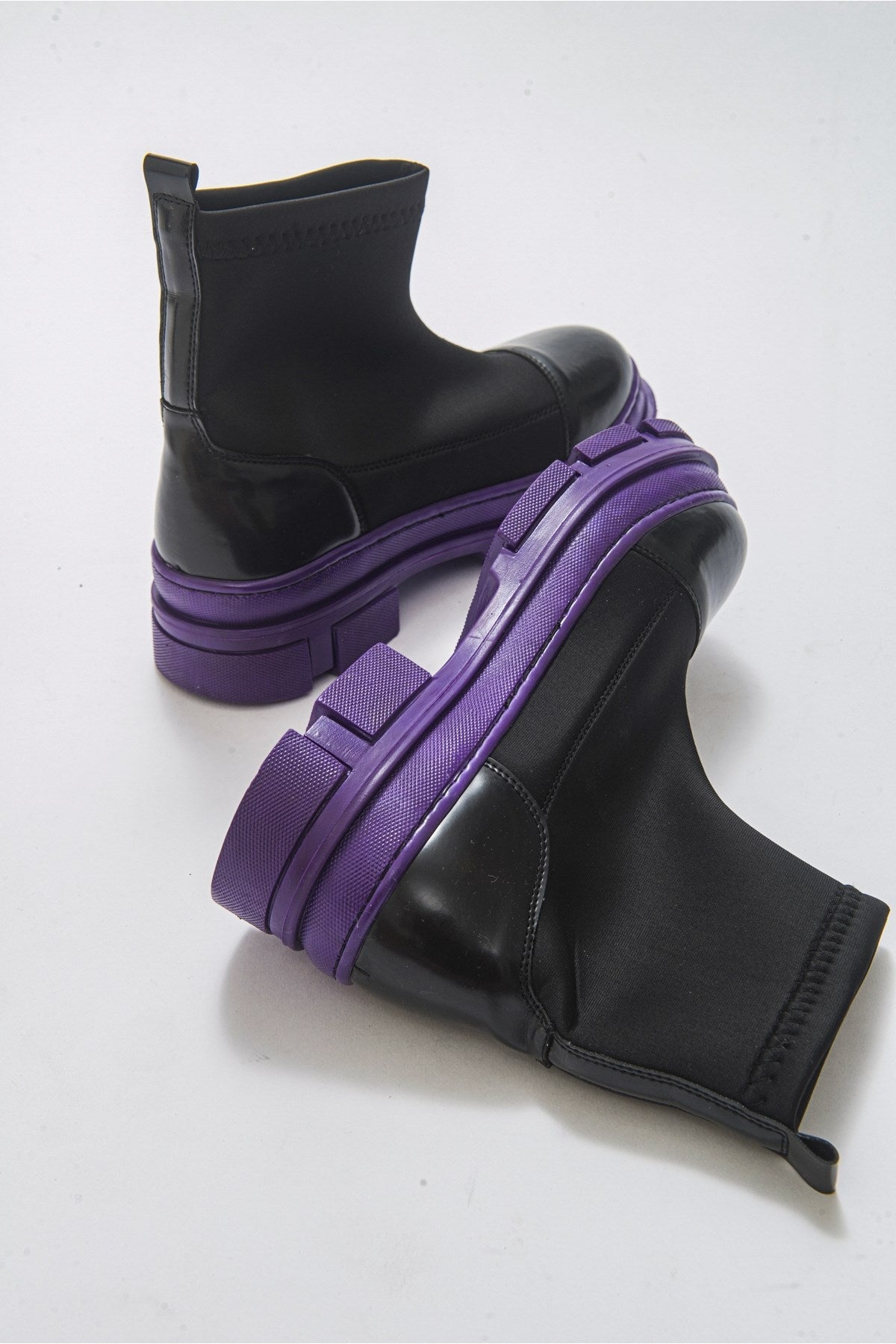 Bendis - Black/Purple Scuba Boot – back view showing leather, black, Vowalisse