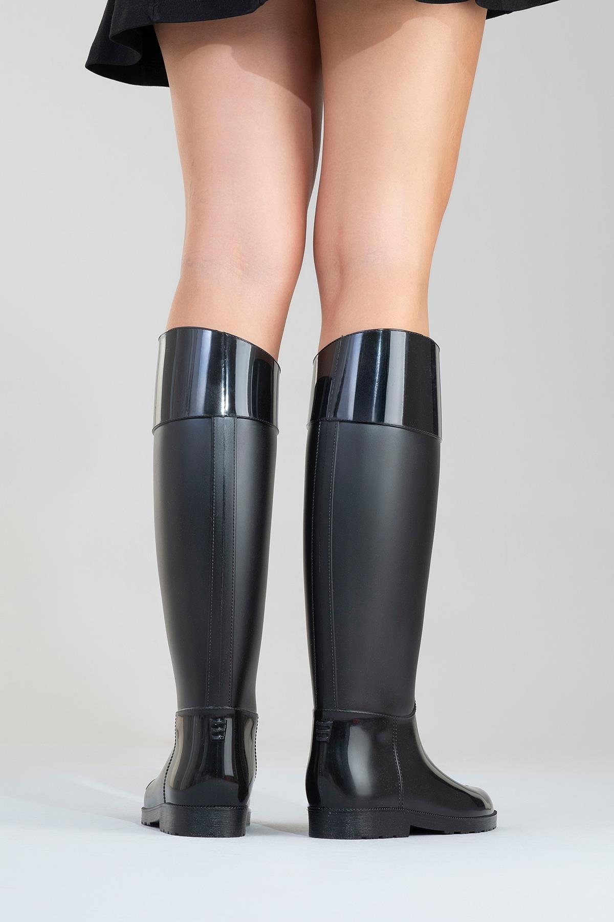 Marge - Black Rain Boot – sole view showing black, Vowalisse