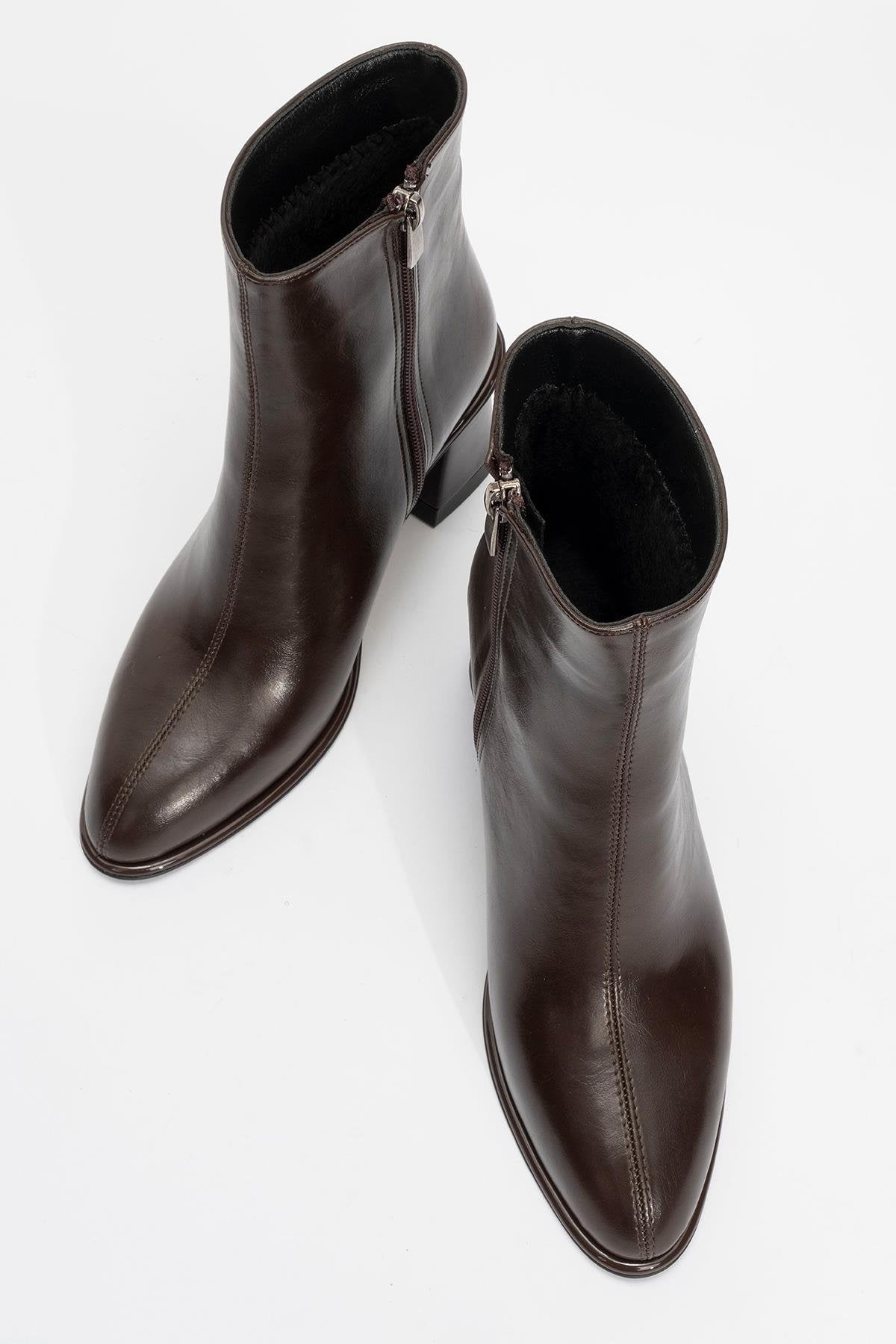 Alba - Brown Block Heel Ankle Boot – side view showing leather, Vowalisse