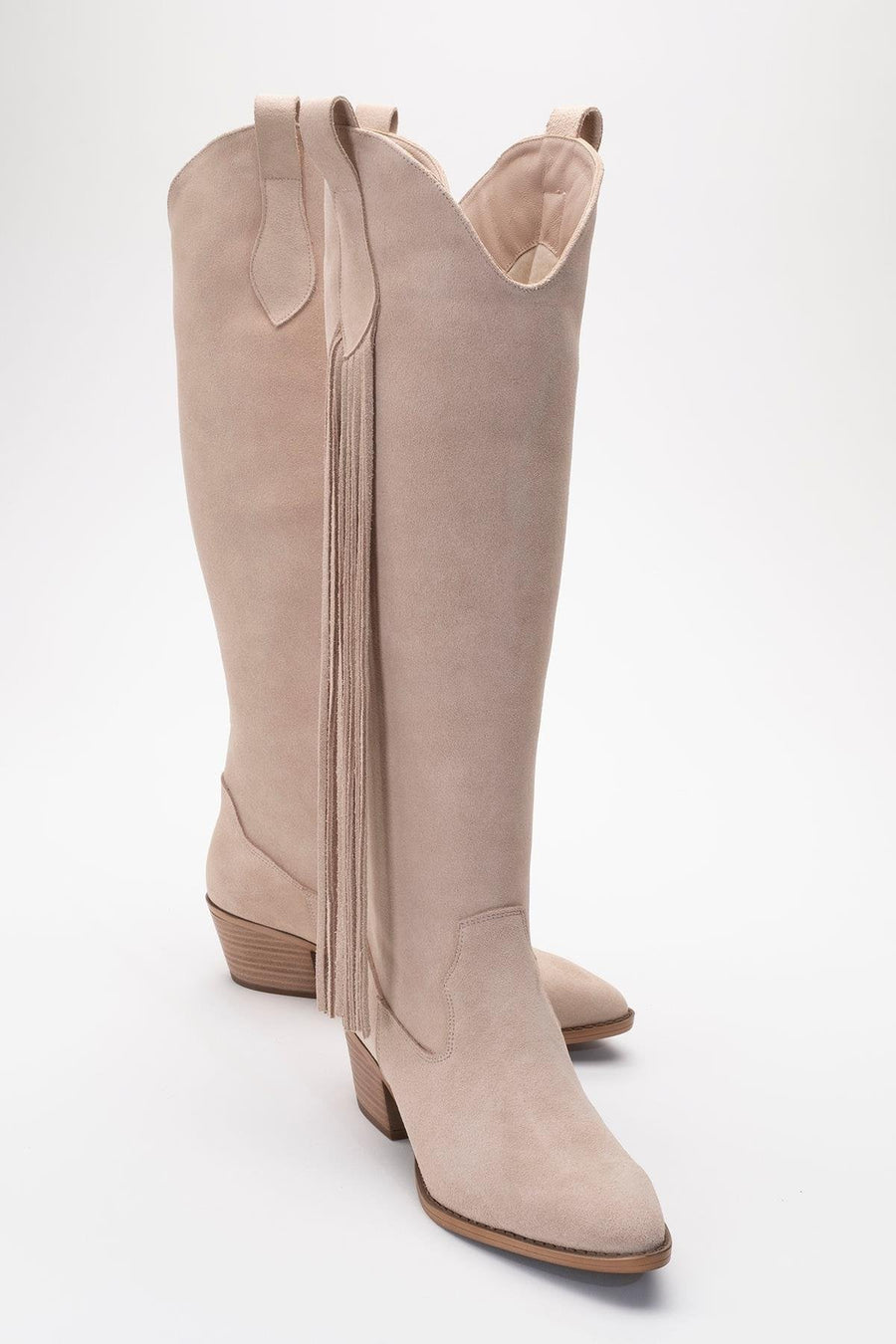Rios - Beige Genuine Leather Suede Tassel Chunky Heel Boot