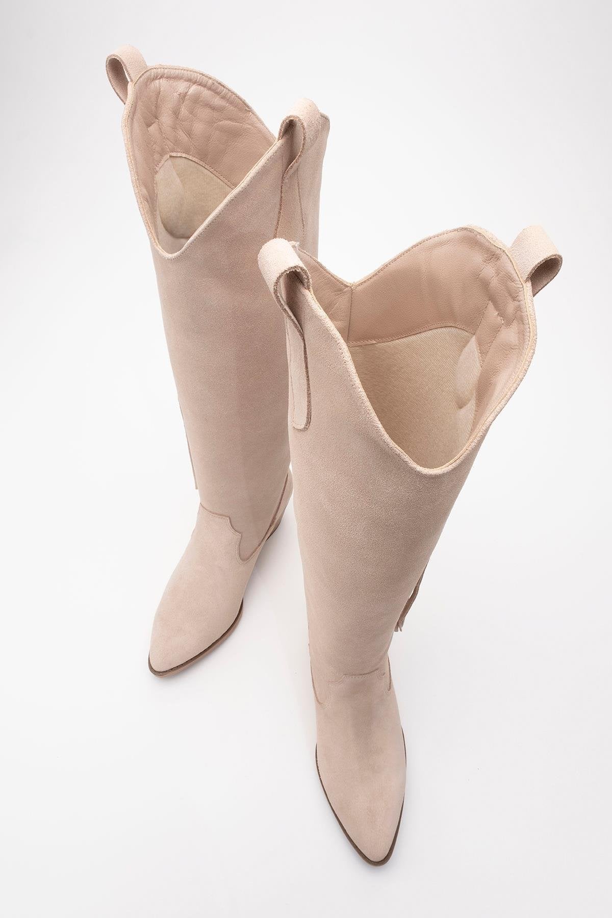 Rios - Beige Genuine Leather Suede Tassel Chunky Heel Boot – side view showing leather, suede, red, Vowalisse