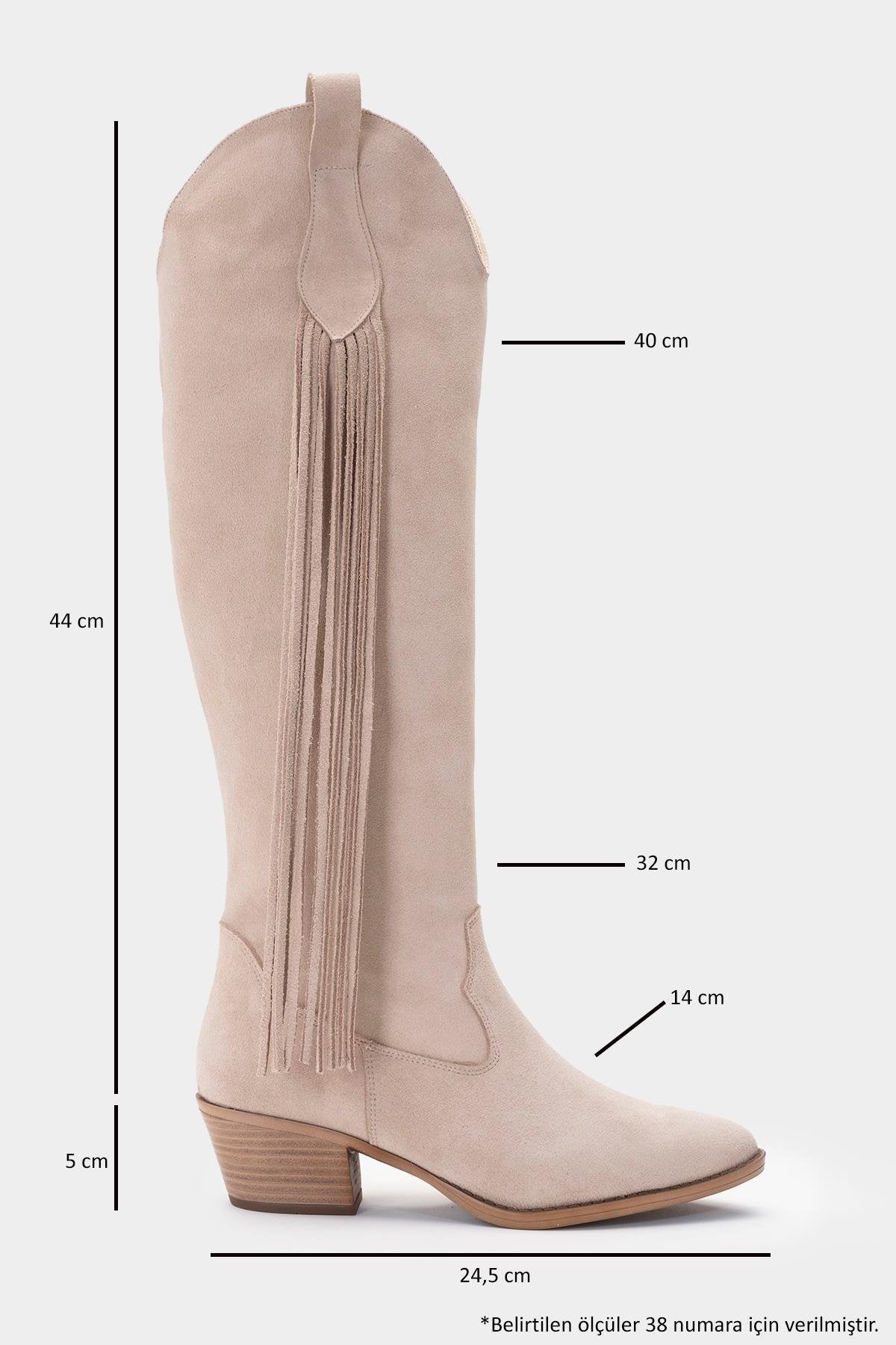 Rios - Beige Genuine Leather Suede Tassel Chunky Heel Boot – heel view showing leather, suede, red, Vowalisse