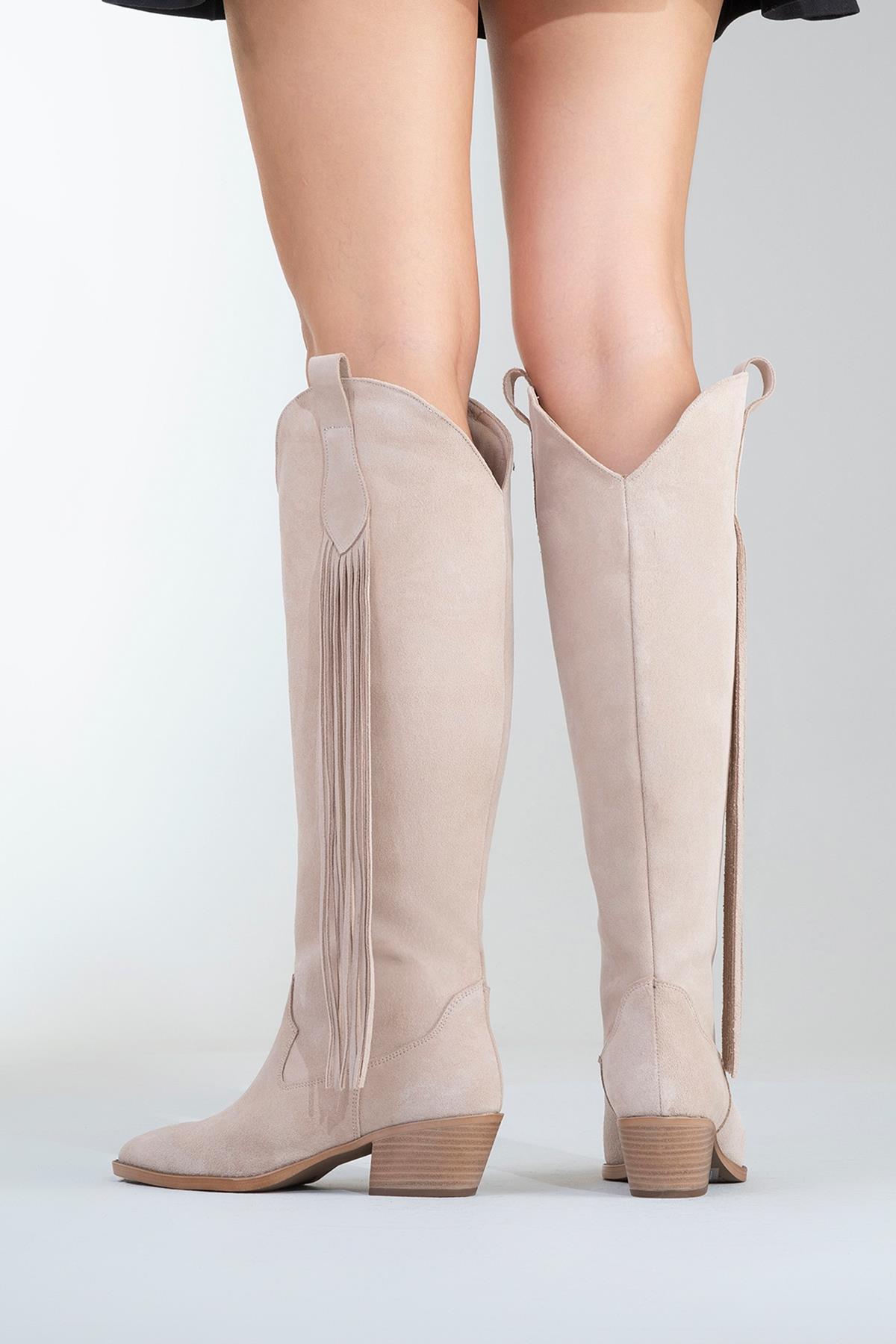 Rios - Beige Genuine Leather Suede Tassel Chunky Heel Boot – top view showing leather, suede, red, Vowalisse