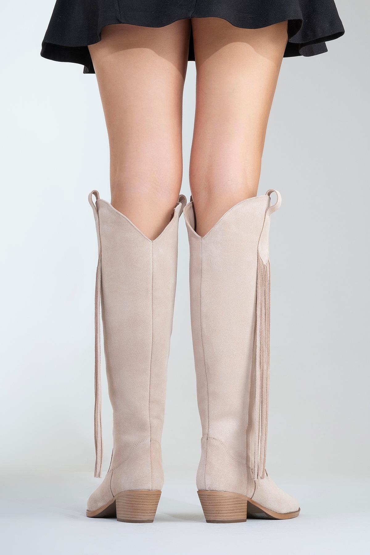 Rios - Beige Genuine Leather Suede Tassel Chunky Heel Boot – pair view showing leather, suede, red, Vowalisse