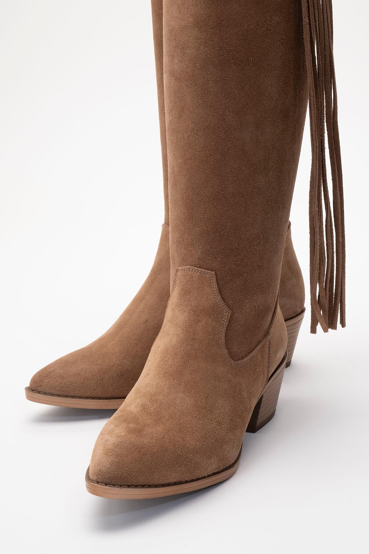 Rios - Taupe Genuine Leather Suede Block Heel Knee-High Boot – detail view showing leather, suede, red, Vowalisse