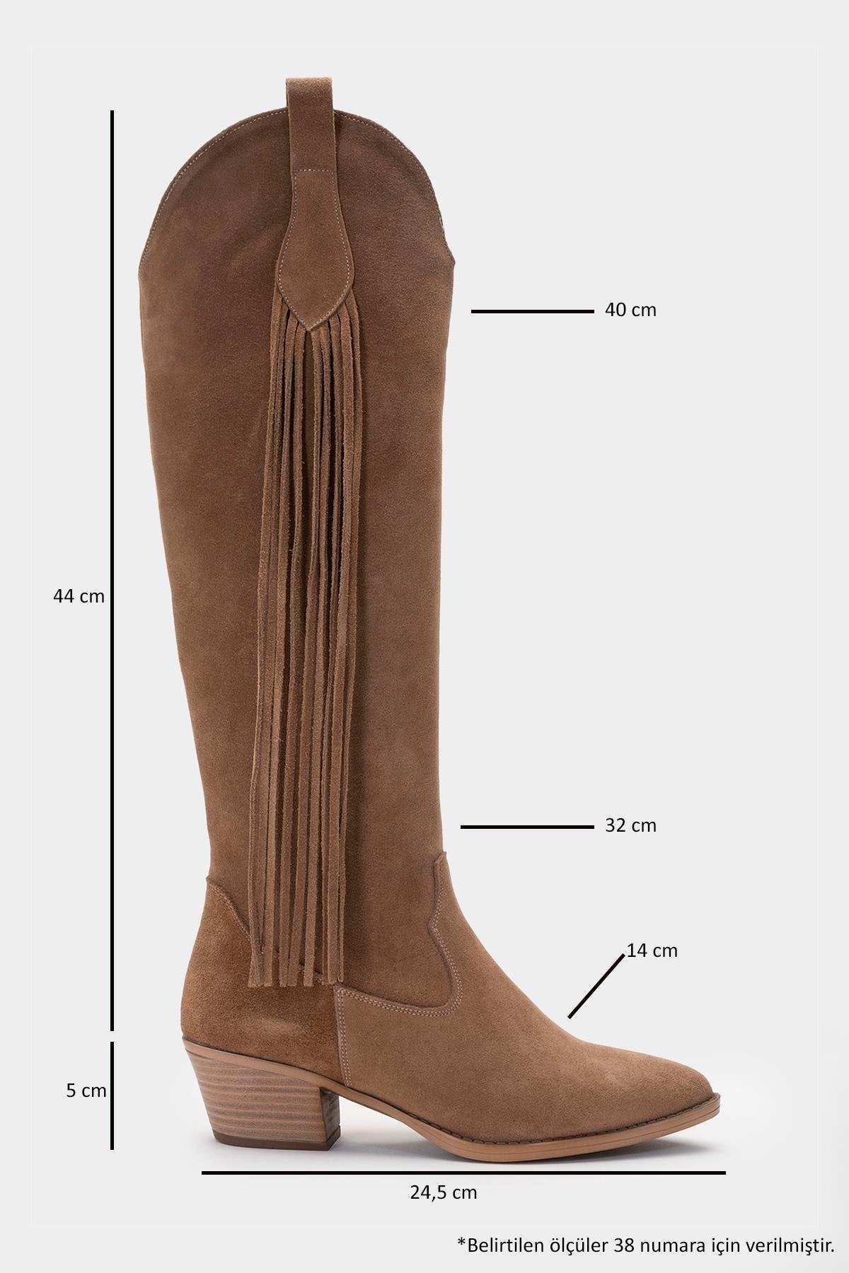 Rios - Taupe Genuine Leather Suede Block Heel Knee-High Boot – heel view showing leather, suede, red, Vowalisse