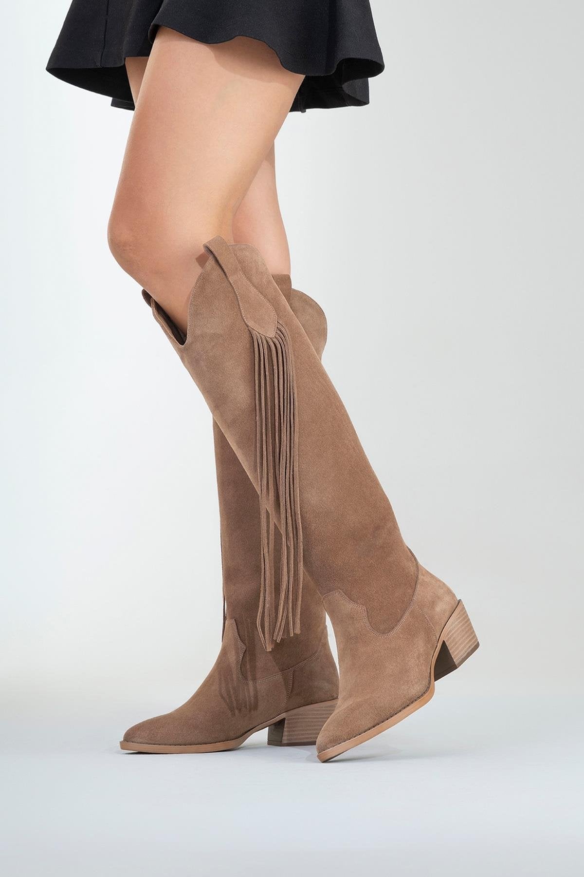 Rios - Taupe Genuine Leather Suede Block Heel Knee-High Boot – sole view showing leather, suede, red, Vowalisse