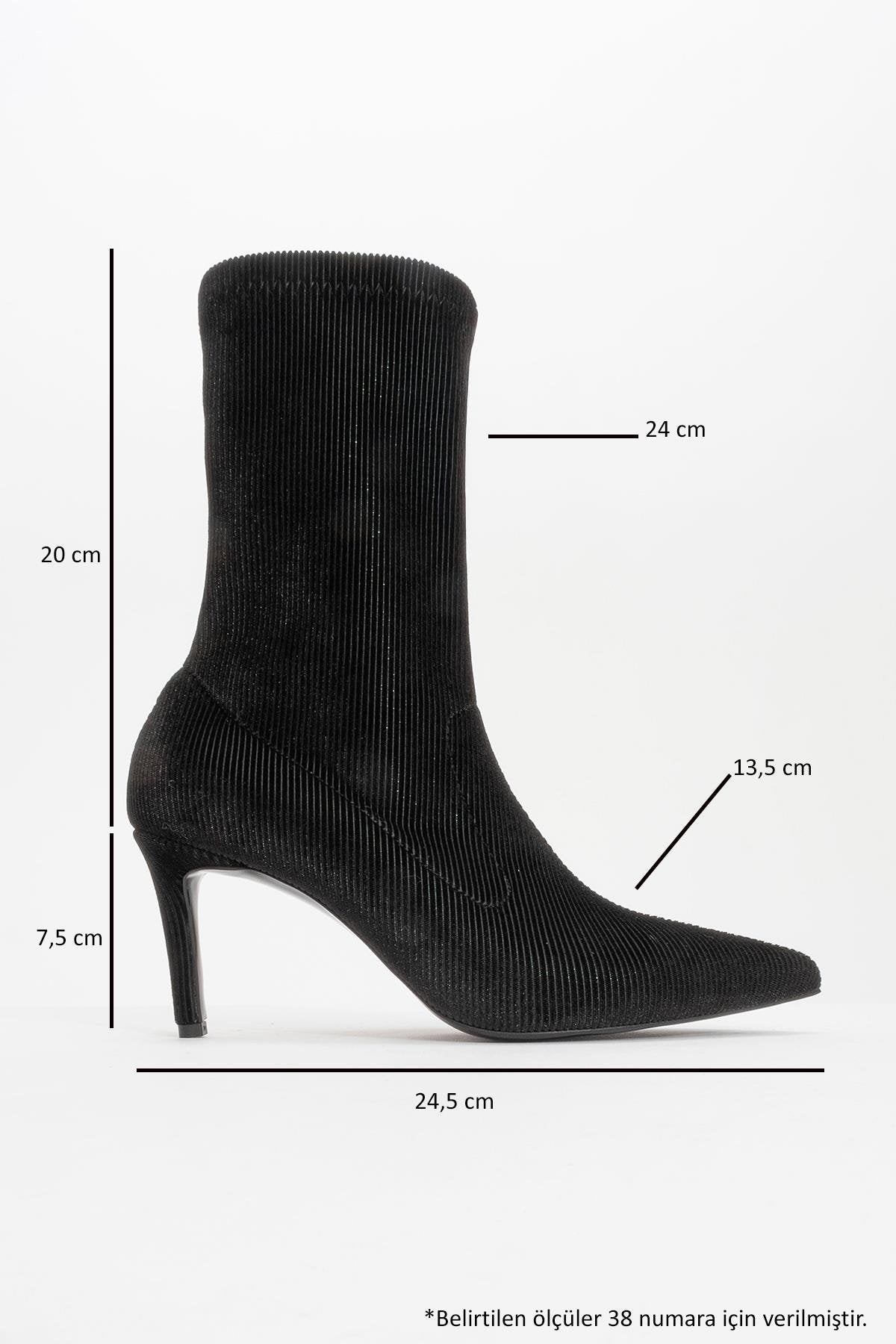 Thalin - Black Slim Heel Pointed Toe Boot – heel view showing velvet, black, red, Vowalisse