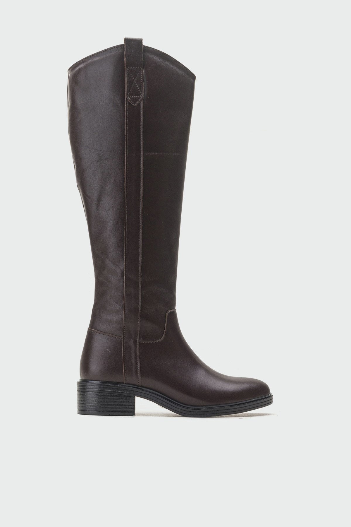 Acro Brown Leather Heeled Boot – sole view showing leather, Vowalisse