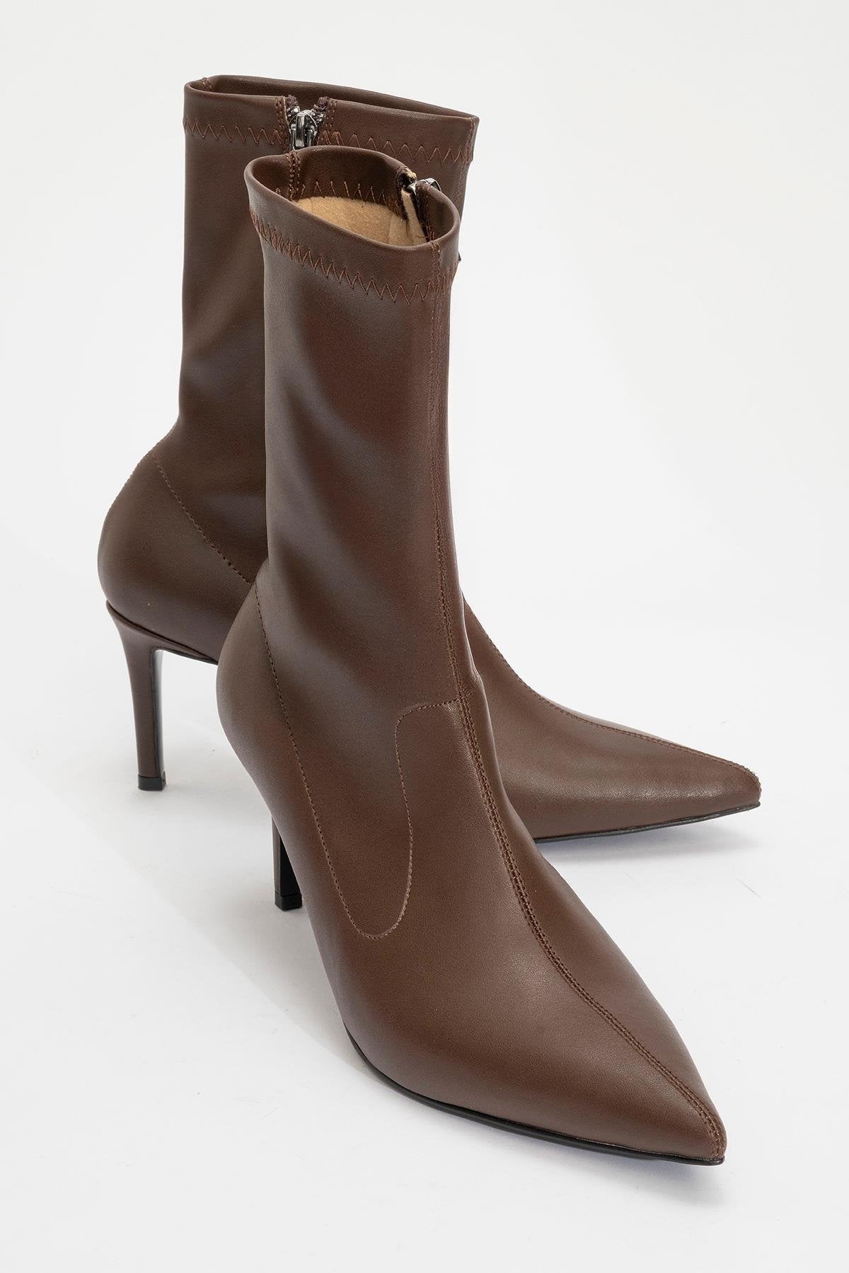 Thalin - Brown Pointed Toe Side Zip Slim Heel Boot – front three-quarter view showing leather, Vowalisse
