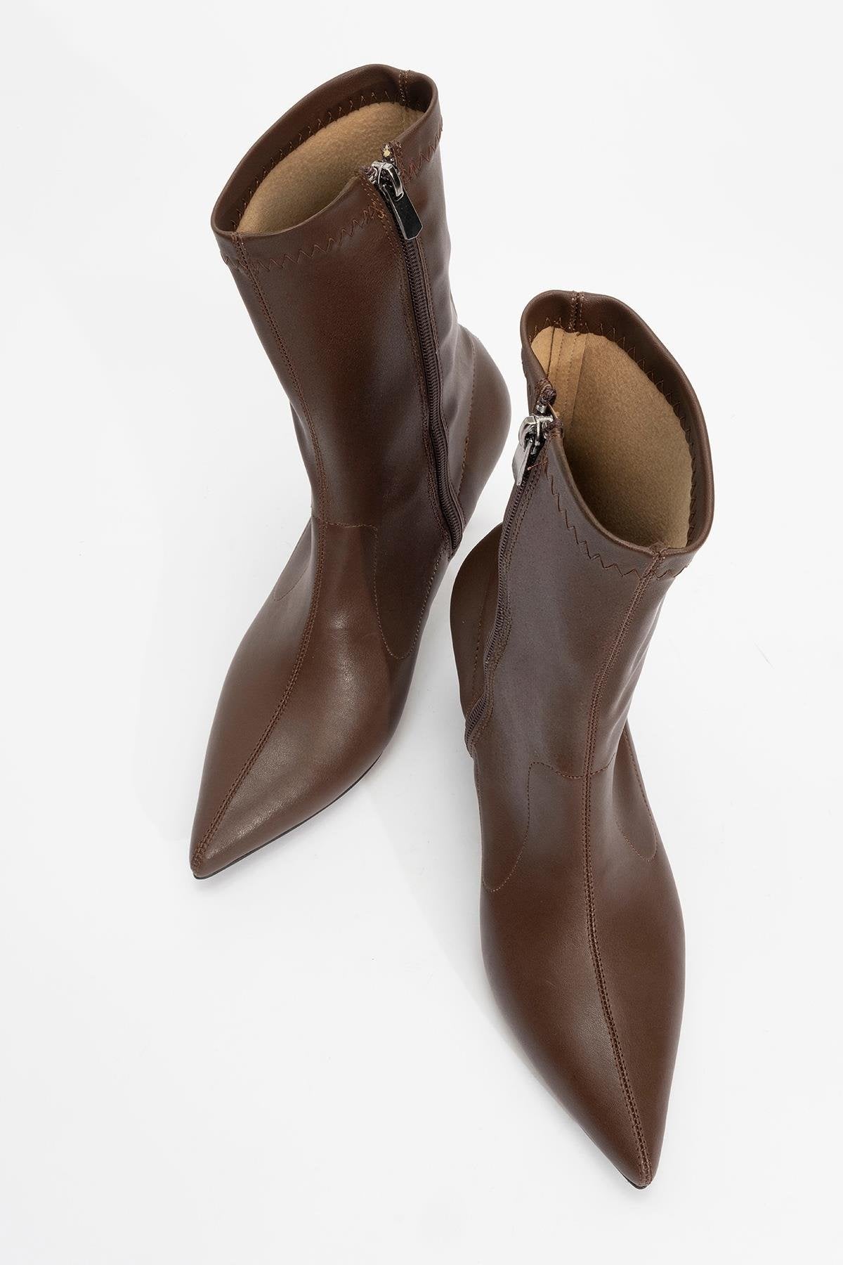 Thalin - Brown Pointed Toe Side Zip Slim Heel Boot – side view showing leather, Vowalisse