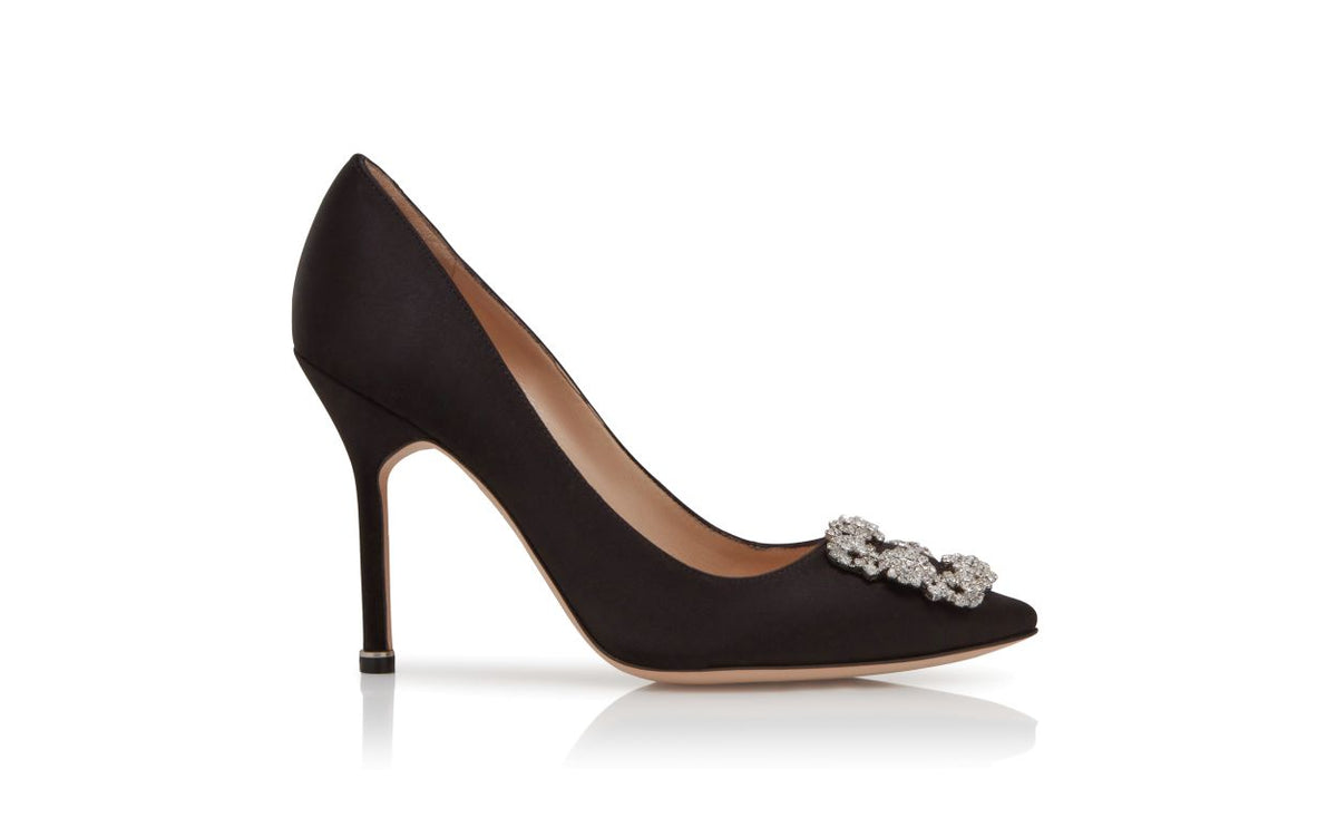 Leonora Dream Black Jewel Buckle Pumps – side profile showing black jewel buckle, crystal buckle, almond toe, satin…