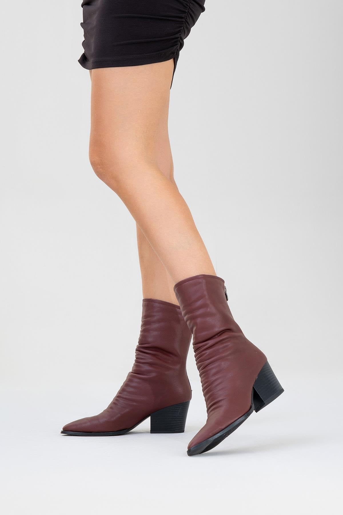 Laval - Burgundy Back-Zip Block Heel Boot – side view showing leather, Vowalisse