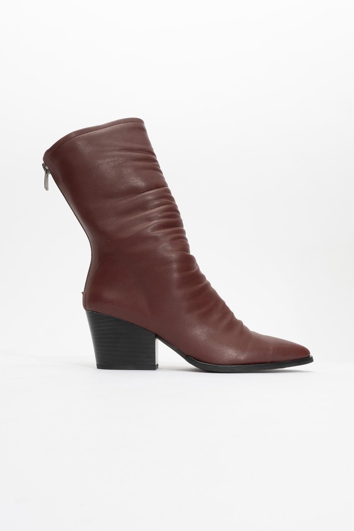 Laval - Burgundy Back-Zip Block Heel Boot – back view showing leather, Vowalisse