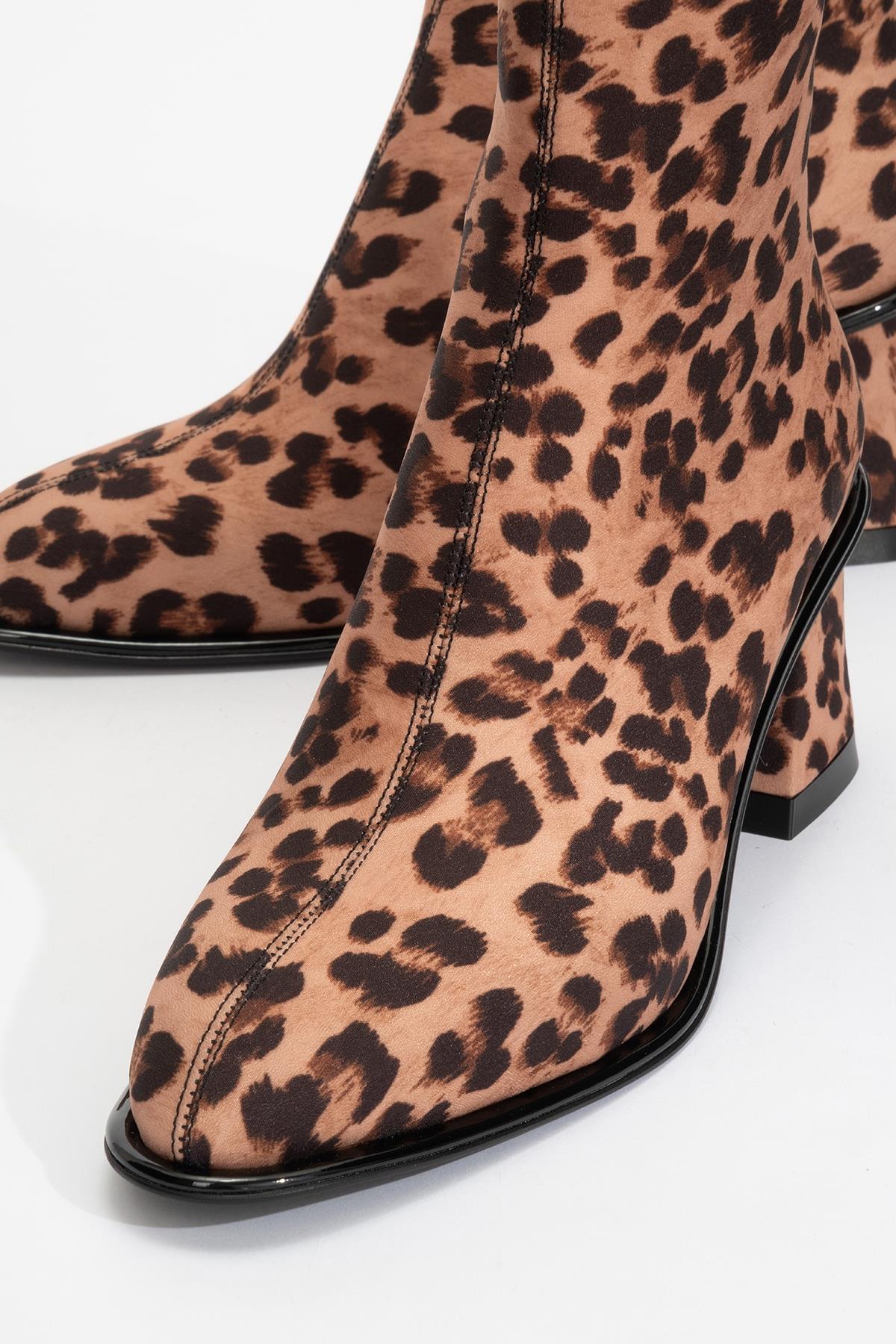 Alba Leopard Block Heel Boot – detail view showing leather, Vowalisse