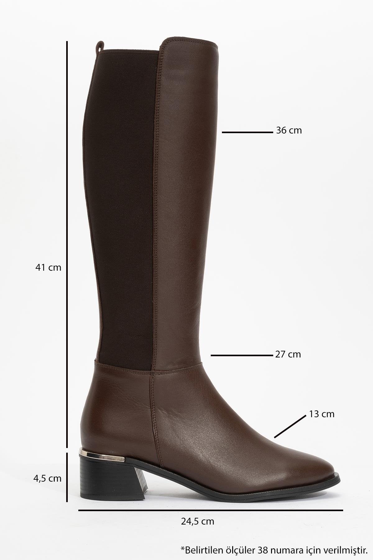 Rochos Brown Leather Boot – back view showing leather, red, Vowalisse