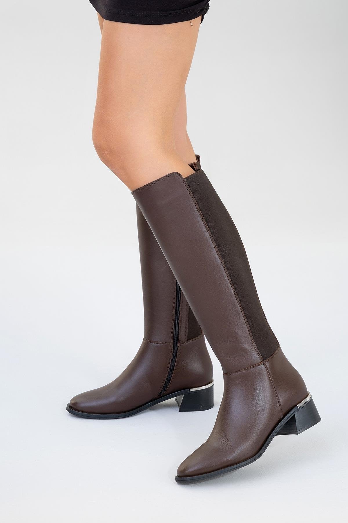 Rochos Brown Leather Boot – pair view showing leather, red, Vowalisse