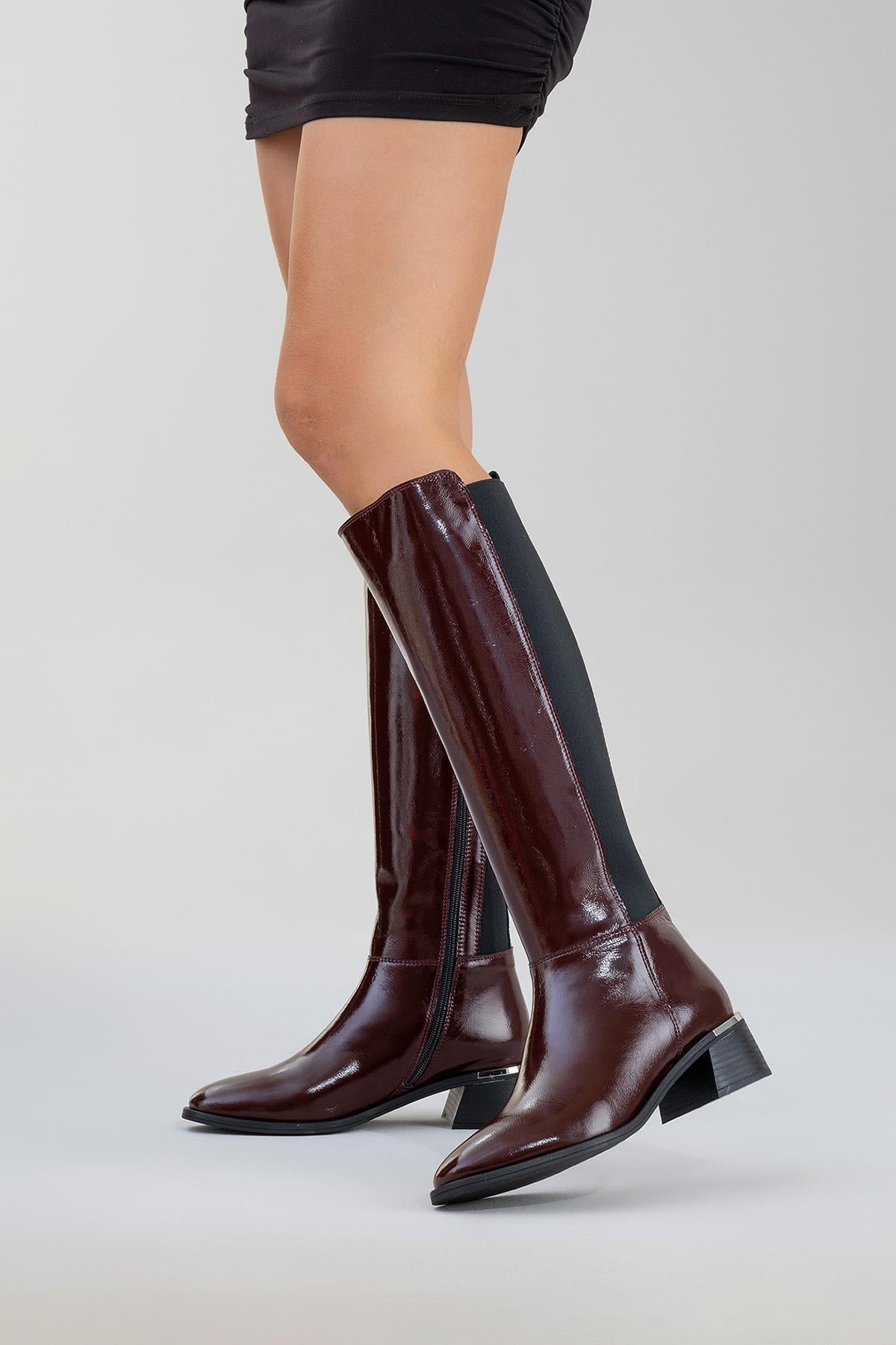 Rochos - Burgundy Patent Genuine Leather Block Heel Knee-High Boot – side view showing leather, Vowalisse