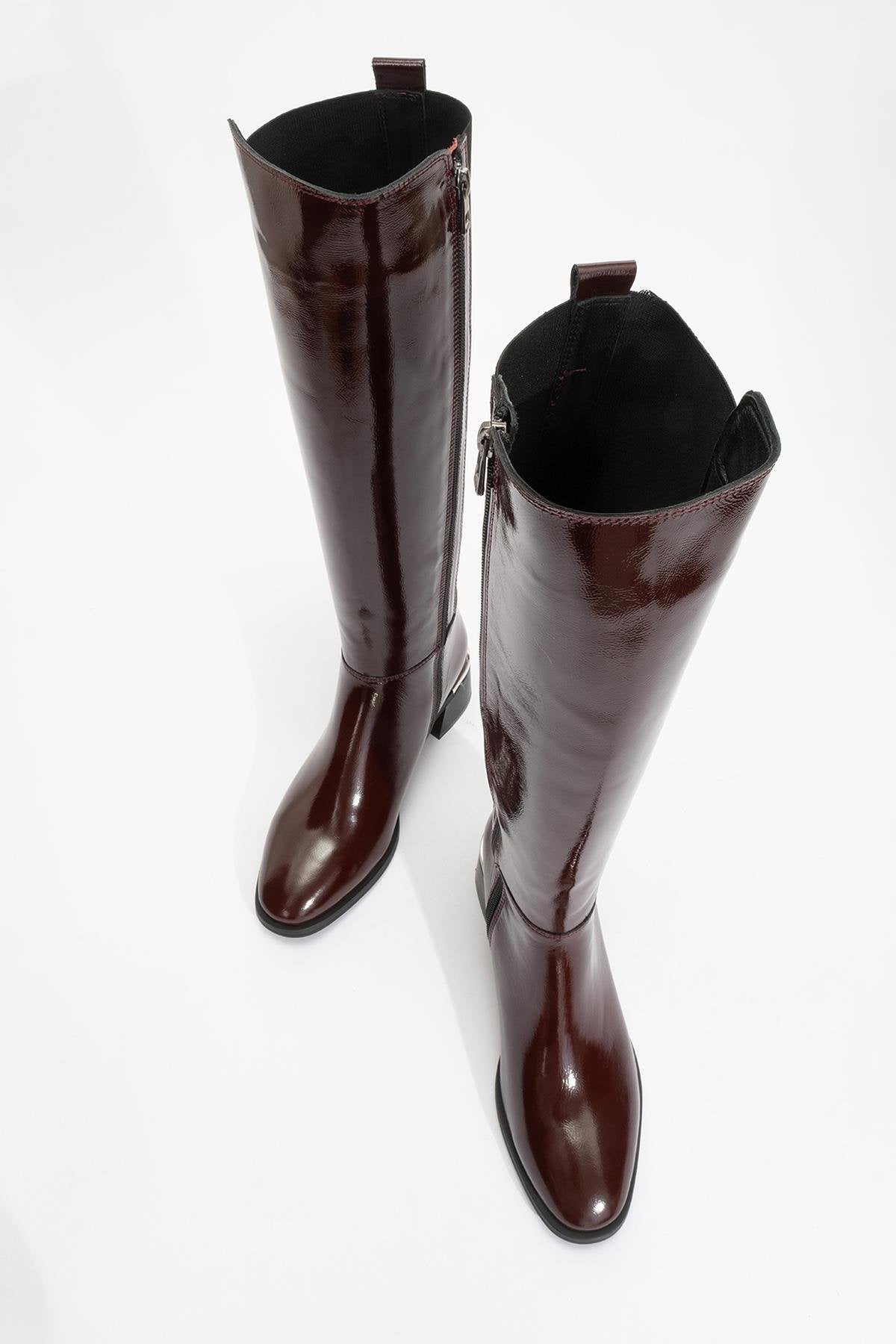 Rochos - Burgundy Patent Genuine Leather Block Heel Knee-High Boot – detail view showing leather, Vowalisse