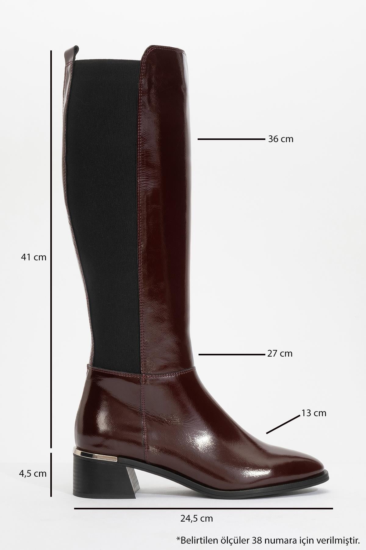 Rochos - Burgundy Patent Genuine Leather Block Heel Knee-High Boot – back view showing leather, Vowalisse