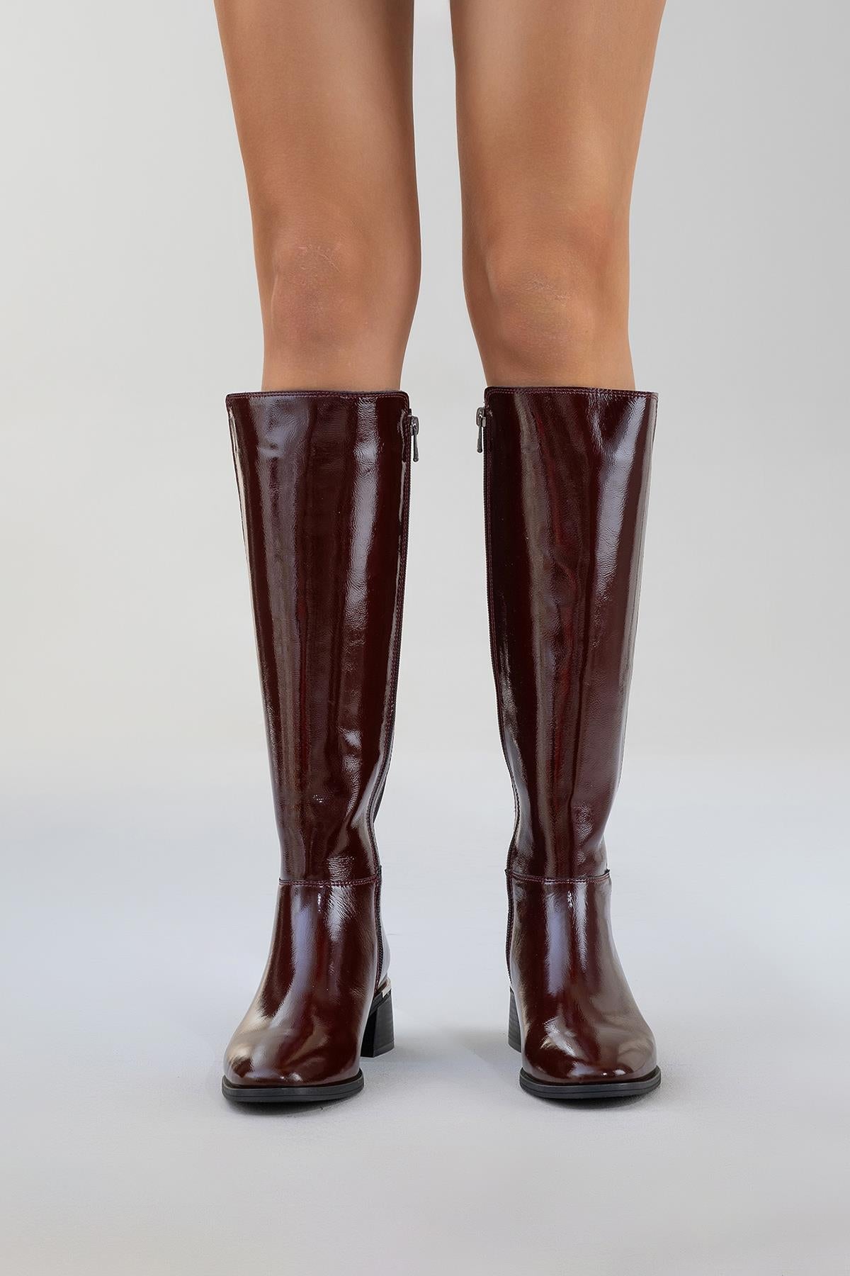 Rochos - Burgundy Patent Genuine Leather Block Heel Knee-High Boot – sole view showing leather, Vowalisse