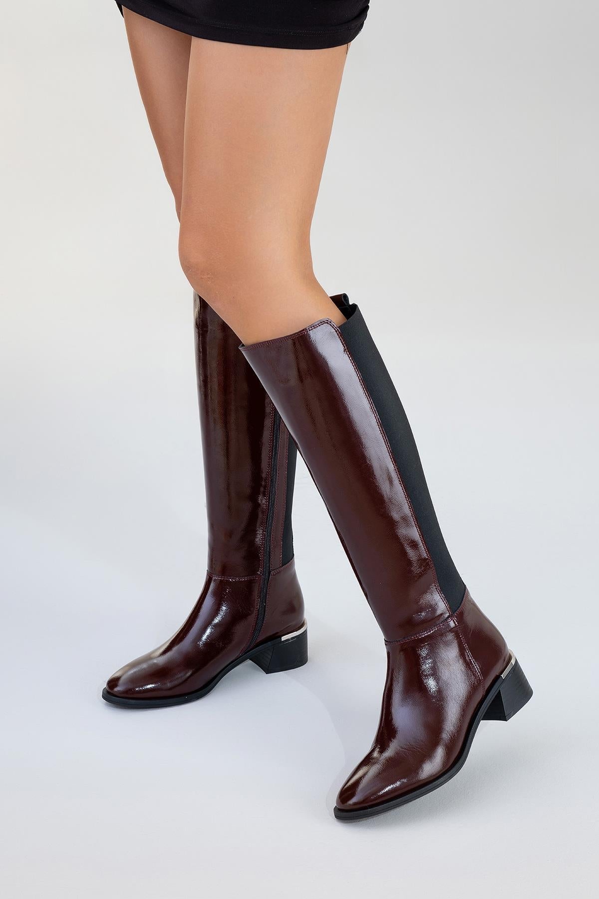 Rochos - Burgundy Patent Genuine Leather Block Heel Knee-High Boot – product view 9 showing leather, Vowalisse