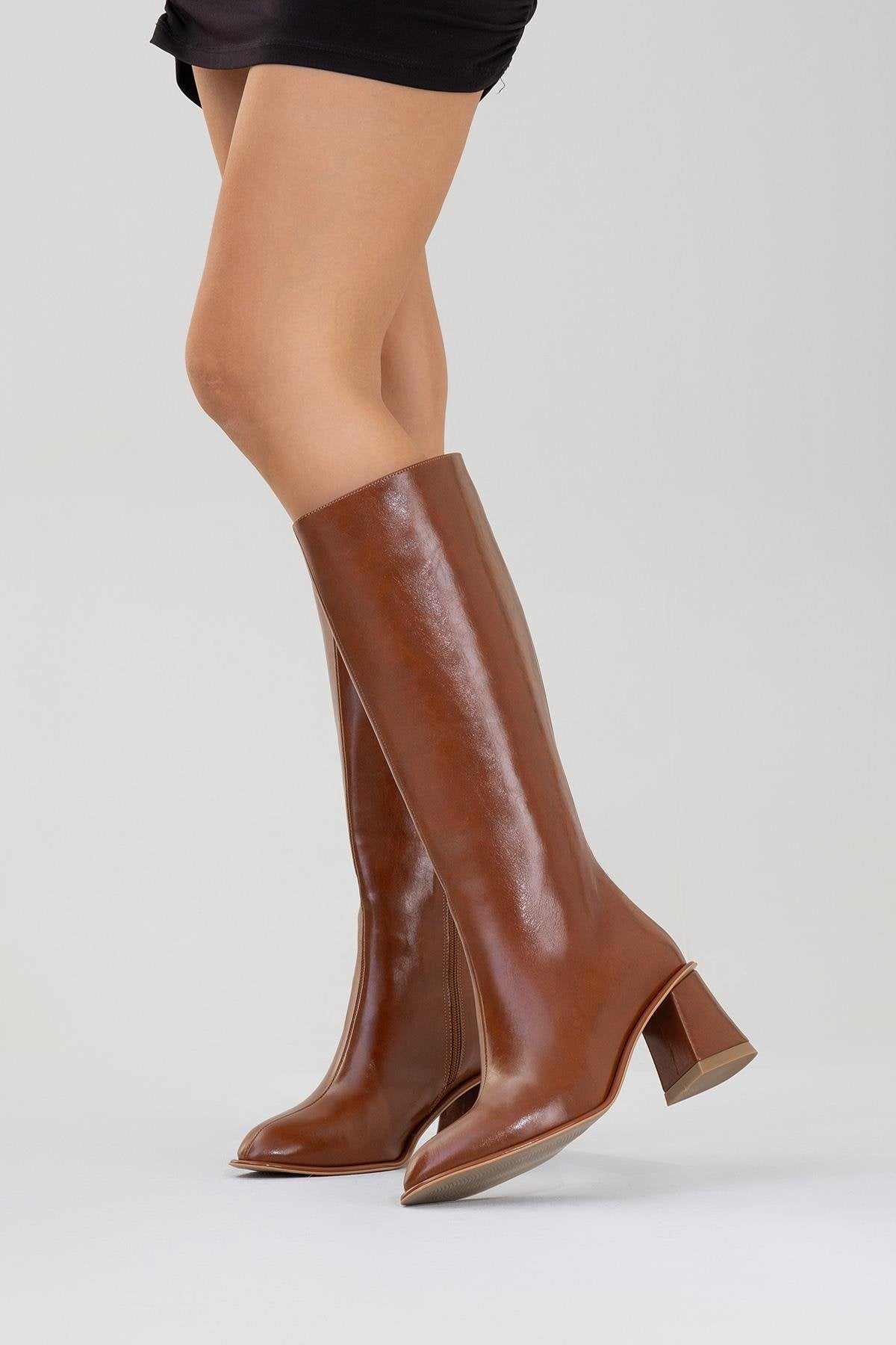 Paradis - Cognac Block Heel Knee-High Boot – side view showing leather, Vowalisse