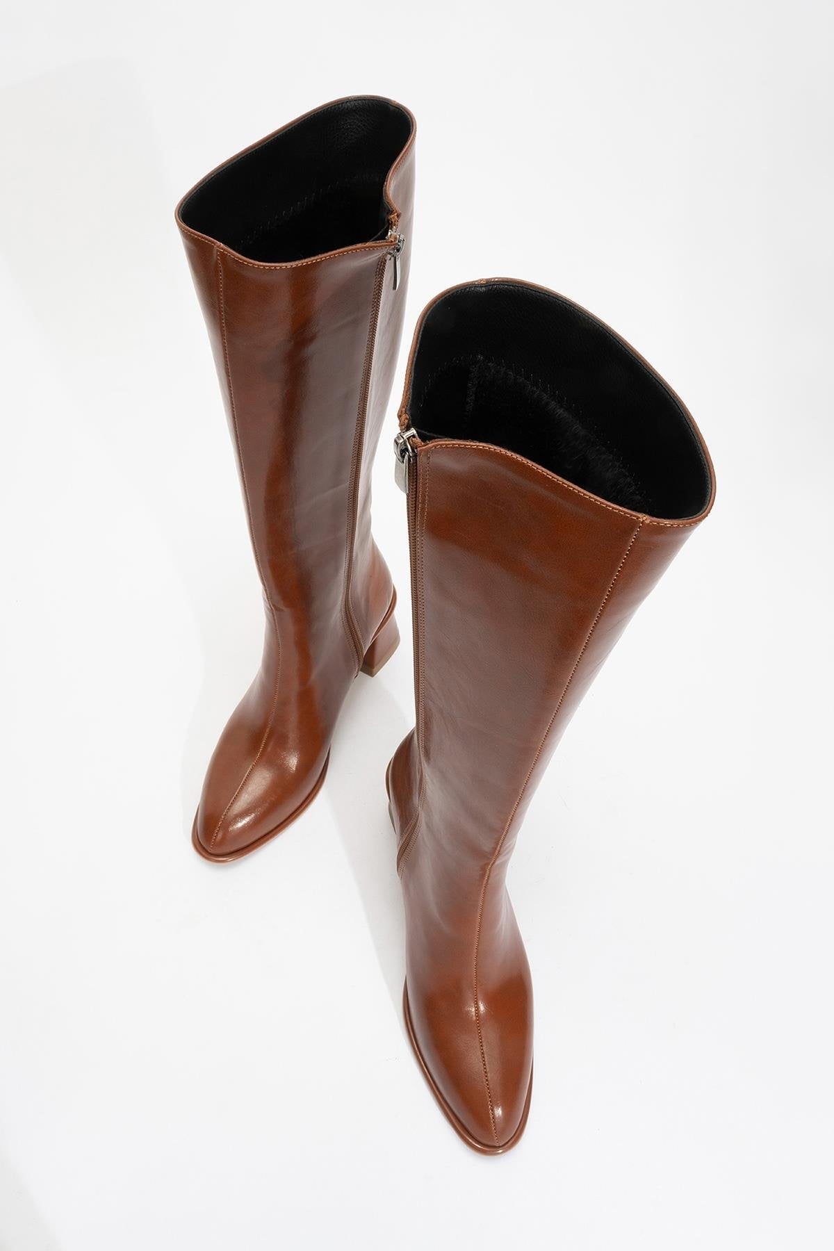 Paradis - Cognac Block Heel Knee-High Boot – detail view showing leather, Vowalisse