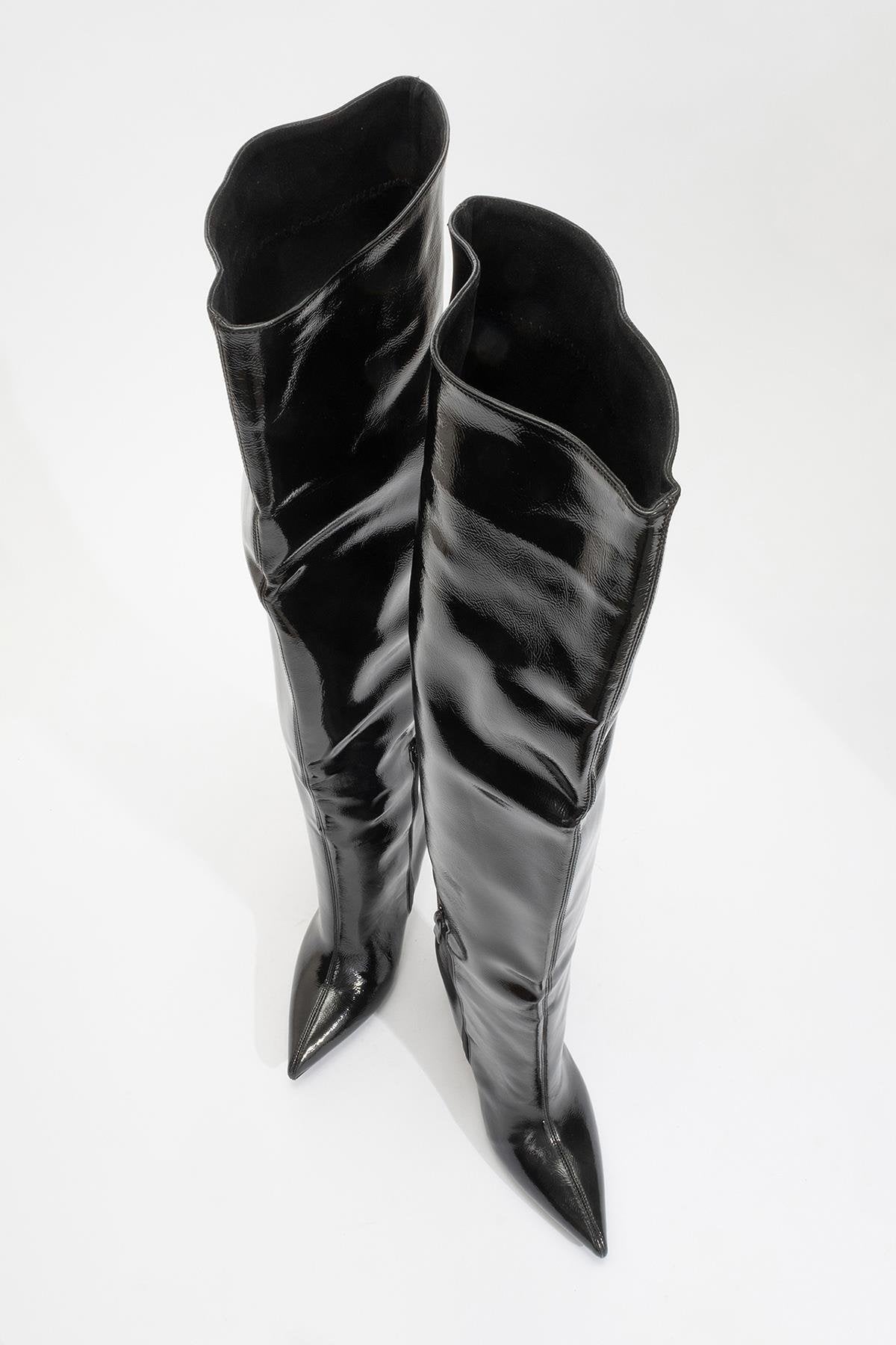Cleja - Black Patent Slim Heel Over-The-Knee Boot – detail view showing leather, black, Vowalisse