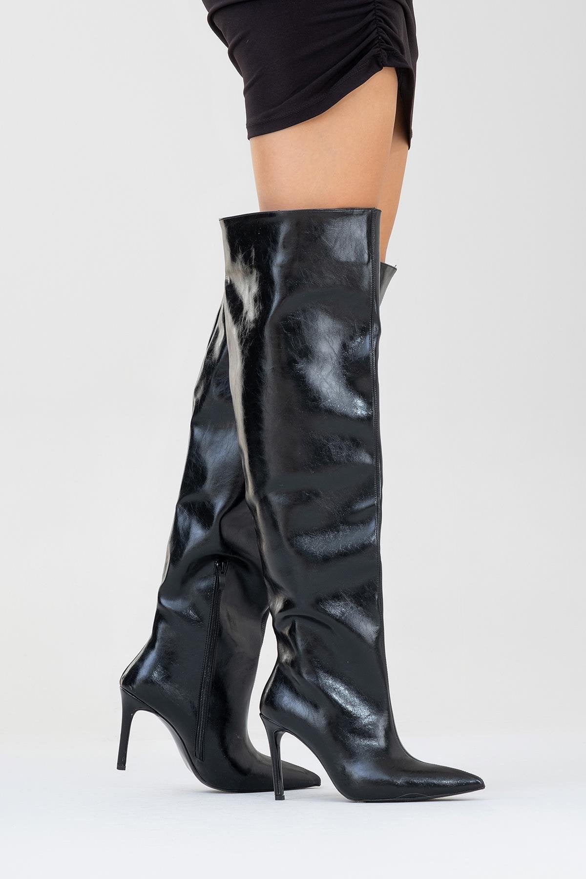Cleja - Black Slim Heel Over-The-Knee Boot – side view showing leather, black, Vowalisse