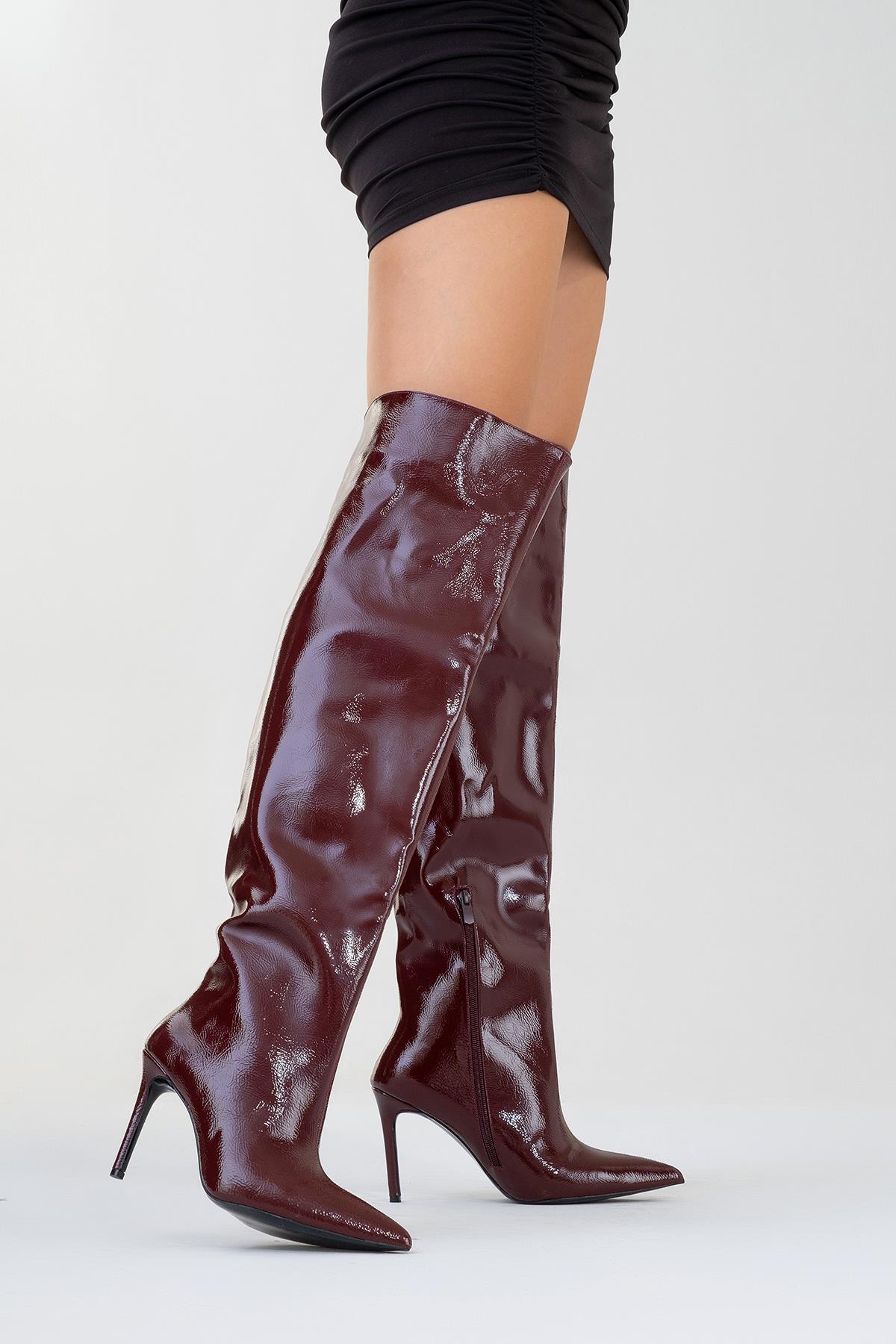Cleja - Burgundy Patent Stiletto Heel Over-The-Knee Boot – side view showing leather, Vowalisse