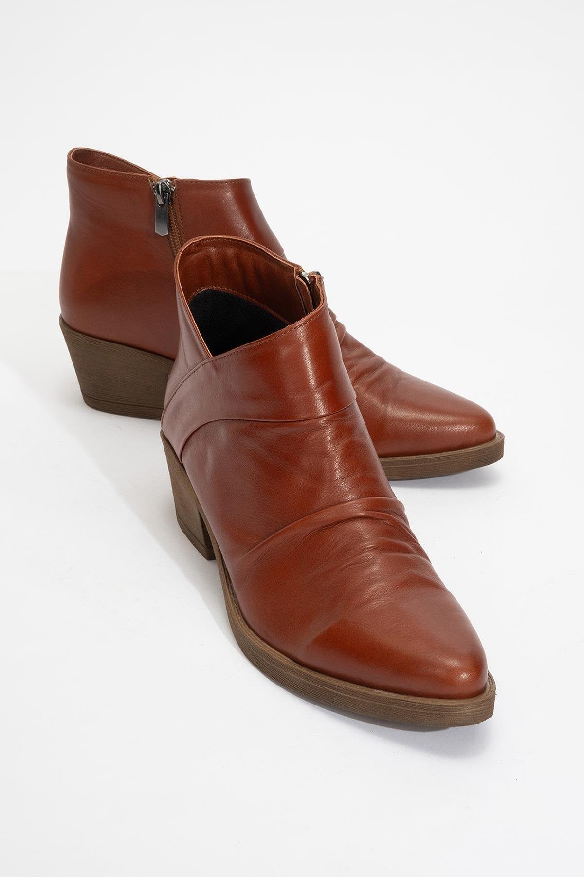 Rule - Dark Cognac Genuine Leather Chunky Heel Boot – front three-quarter view showing leather, Vowalisse