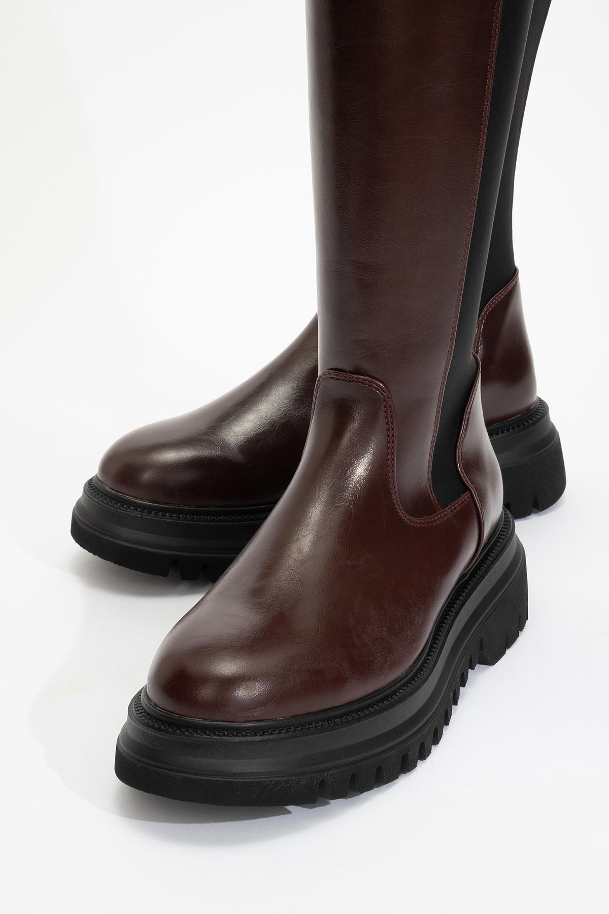 Shadow Burgundy Boot – detail view showing leather, Vowalisse